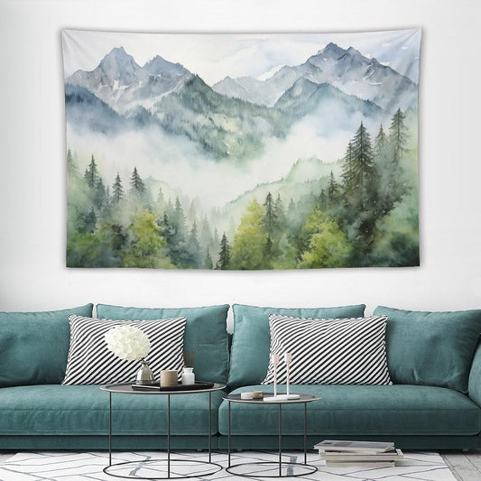 HZOHNAGO Mountain Tapestry Misty Green Forest Mountain Pattern Printed Wall Tapestry Wall Hanging for Bedroom Living Room Dorm 90" W x 60" H