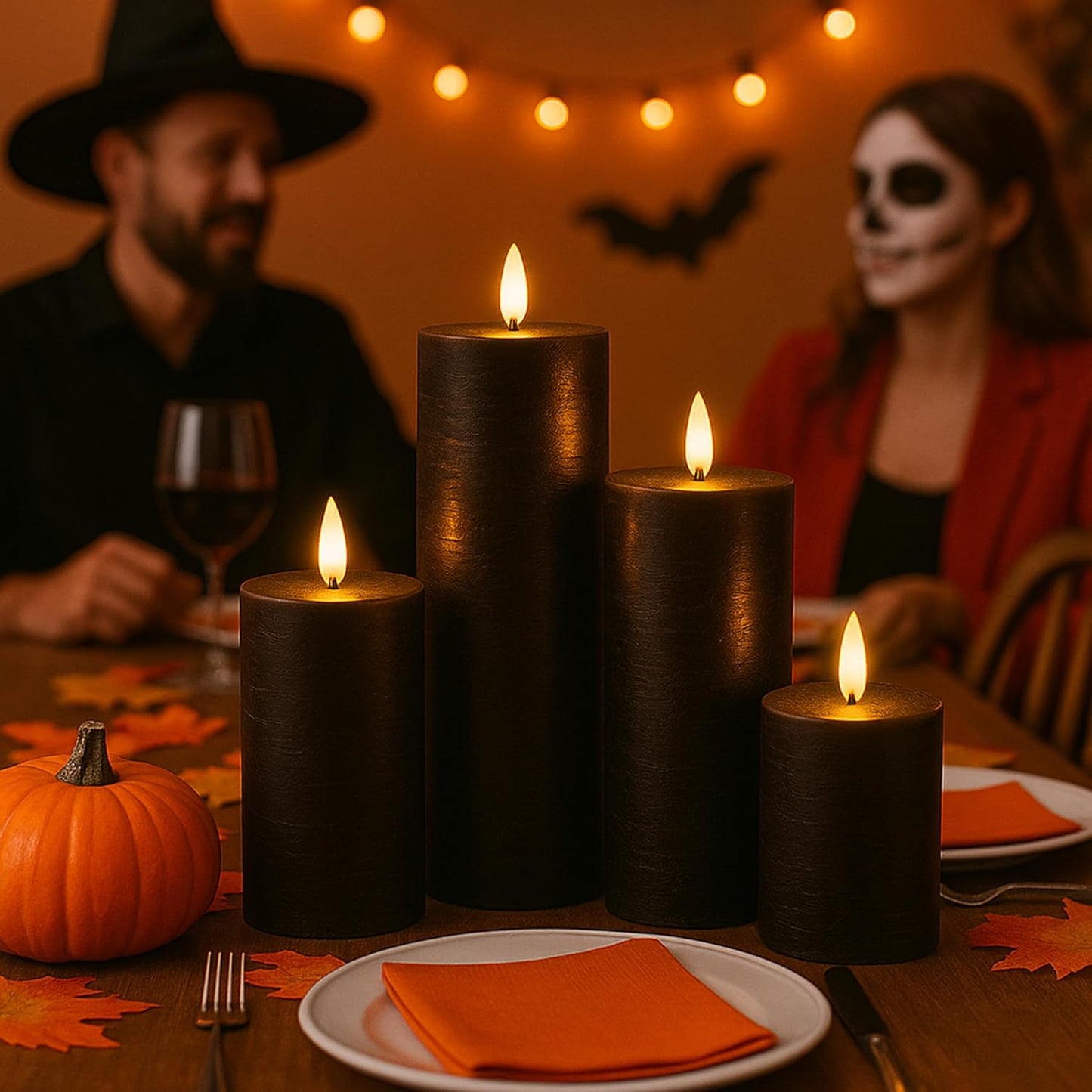 Halloween Flameless Candles, 4 Pack Battery Operated Halloween Candles with Remote, Wax LED Fake Pillar Candles Fireplace/Shelf Decor D3 H 5" 6" 7" 9" Black