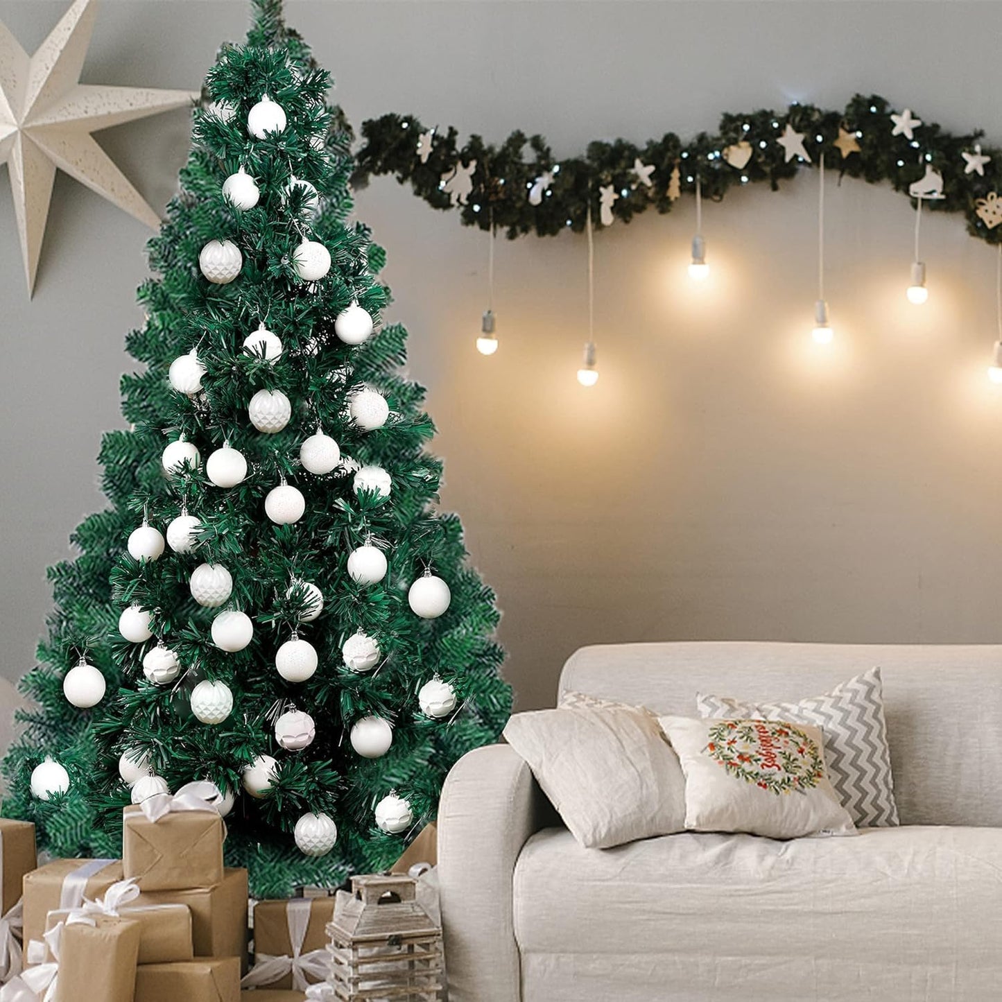 Lulu Home Christmas Ball Ornaments, 24 Ct 2.36" Pre-Strung Hanging Ornament Decorations, Xmas Shatterproof Plastic Balls for Holiday Party Wreath Garlands Trees, White