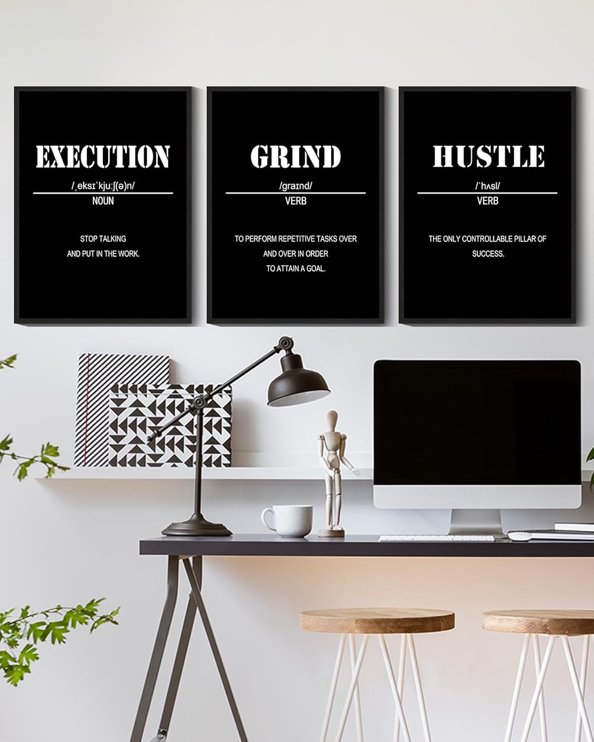 Drsoum Inspirational Office Framed Wall Art Motivational Grind Hustle Success Canvas Wall Decor Encouraging Quotes Sayings Paintings 3 Pieces Artwork Home Bedroom Easy to Hang 12x16in (Black Framed)