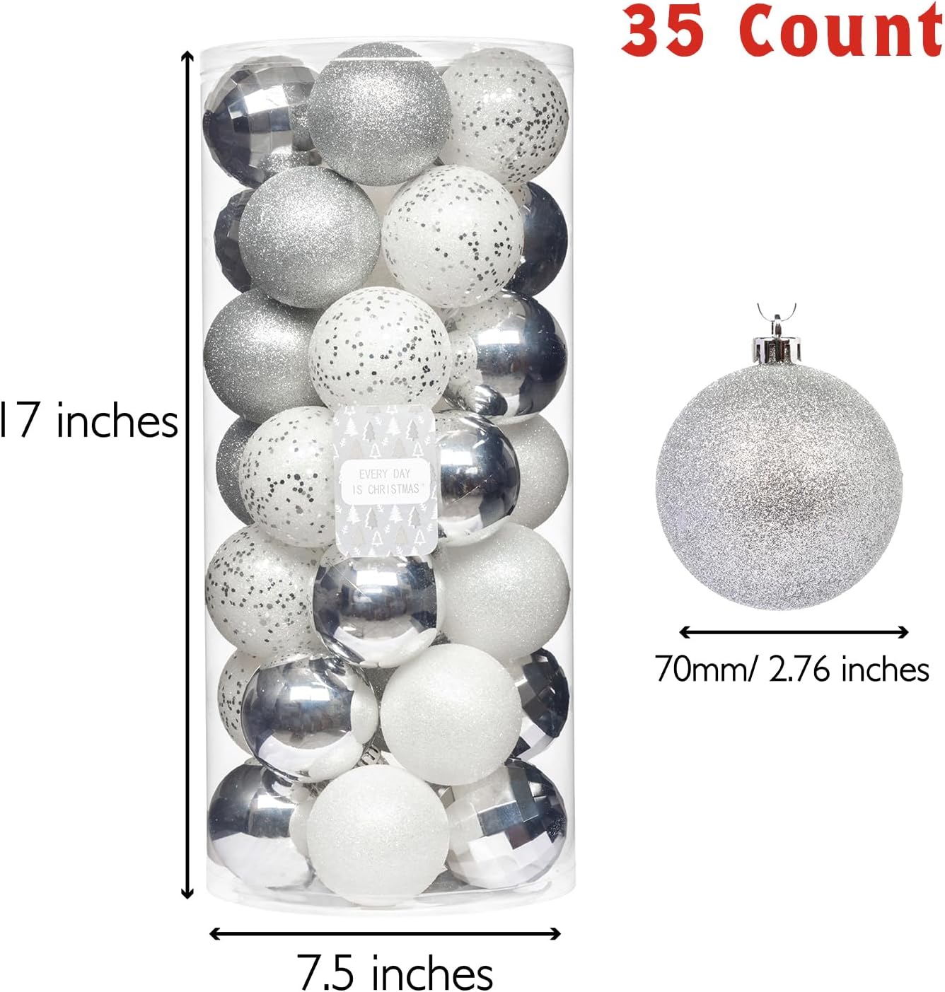 Every Day is Christmas Ornaments, Shatterproof Christmas Tree Ornament Set, Christmas Balls Decoration 35 Count (2.75"/70mm, White Silver)