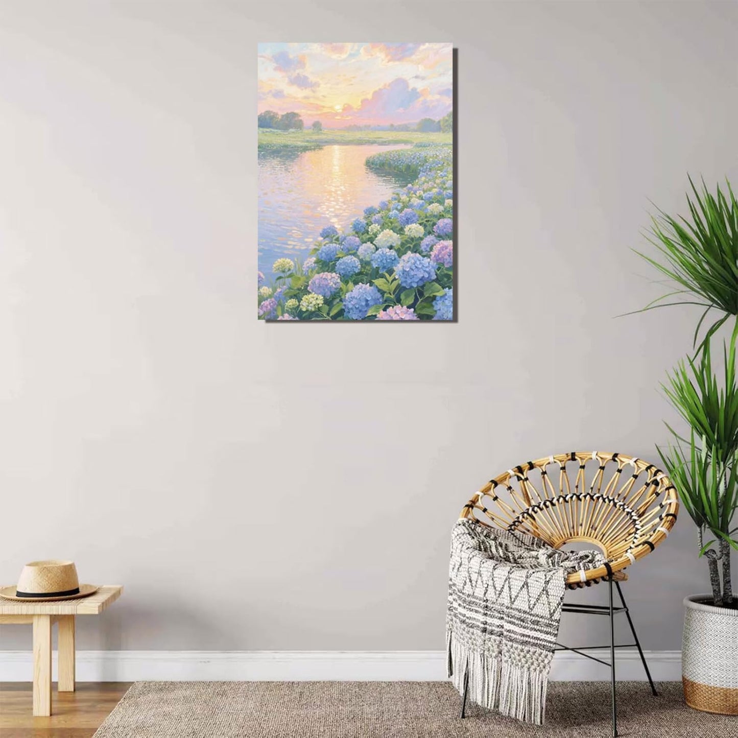 The hydrangea scenery all over the lake at sunset is suitable for posting in the living room bedroom office landscape poster wall painting