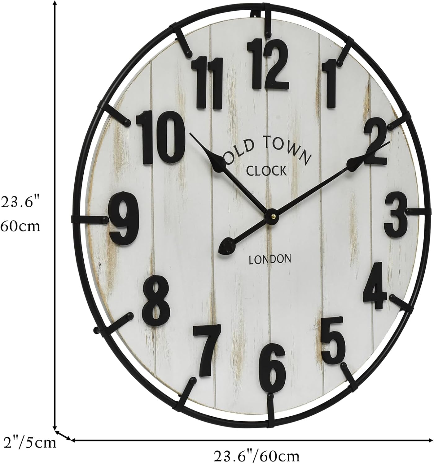 Large Old Town Farmhouse Wall Clock – 24 Inches Rustic Antique Wood with Metal Circle and Large Numerals, Silent Battery Operated Clock for Office, Kitchen, Bedroom, Living Room (Washed White)