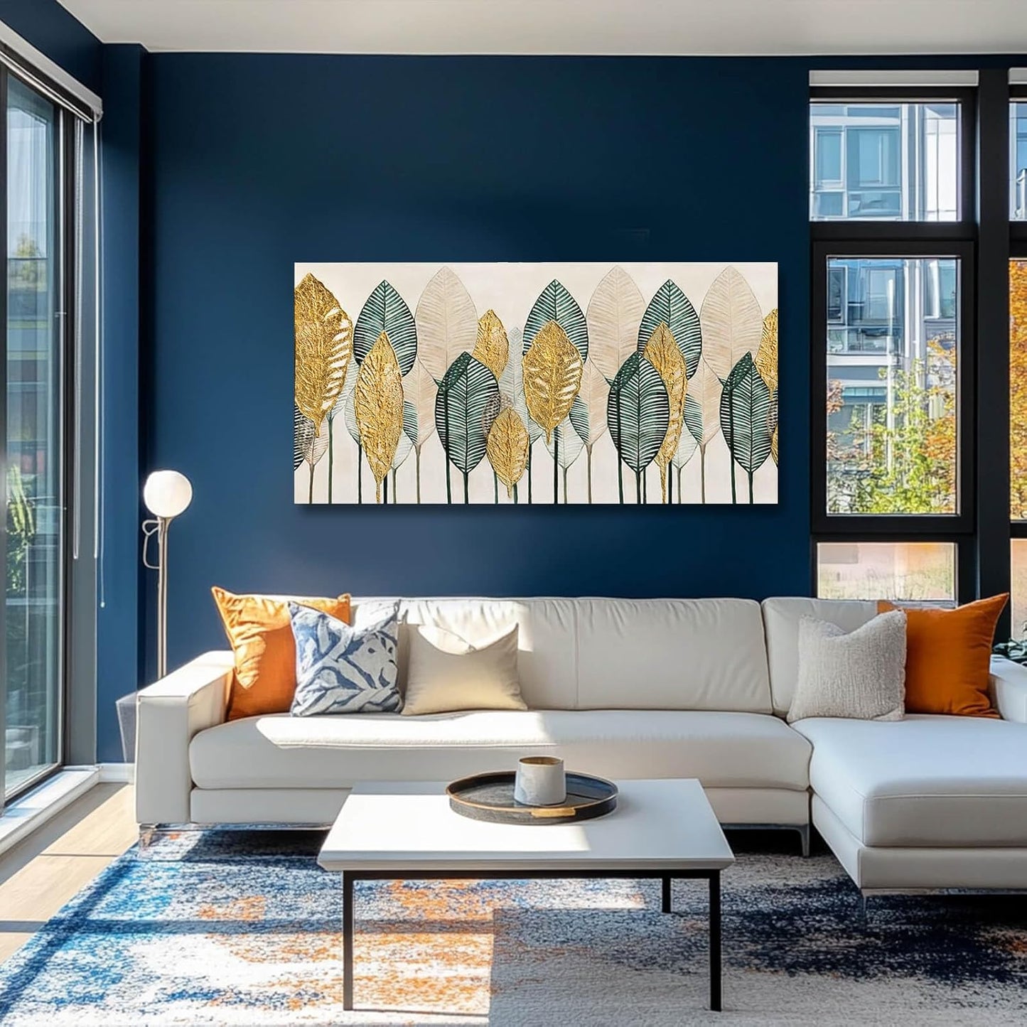 CHUDANHAO Green Wall Art Gold Wall Decor Leaves Prints Pictures Textured Bedroom Decor Line Painting Green Paintings Wall Decorations 24”x48” Artwork for Living Room Dining Room