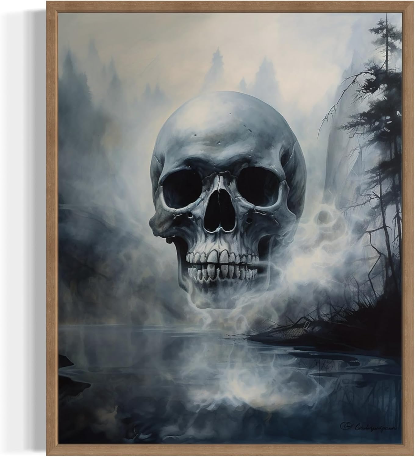 Foggy Skull Poster Art Print, Halloween Scary Vintage Wall Art Academia Spooky Painting Decoration for Horror Prints, Gothic Posters Bedroom Decor 89 (Foggy Skull, 8 x 10 inches, Wood Frame)