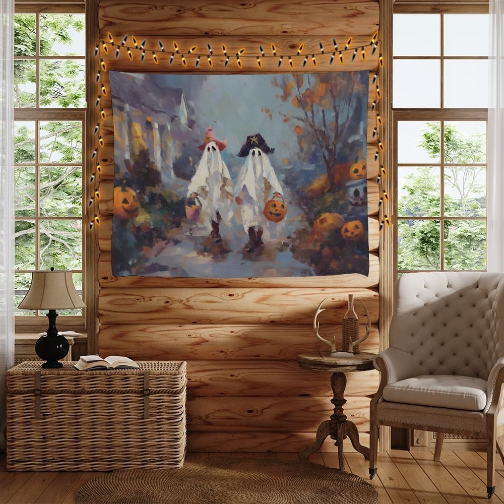 Funny Halloween Ghost Tapestry Wall Hanging Cute Kids Nursery Room Decor Trick or Treat Art Print Goth Fall Pumpkin Ghost Tapestries for Living Room Bedroom wall Decor 60x80inch