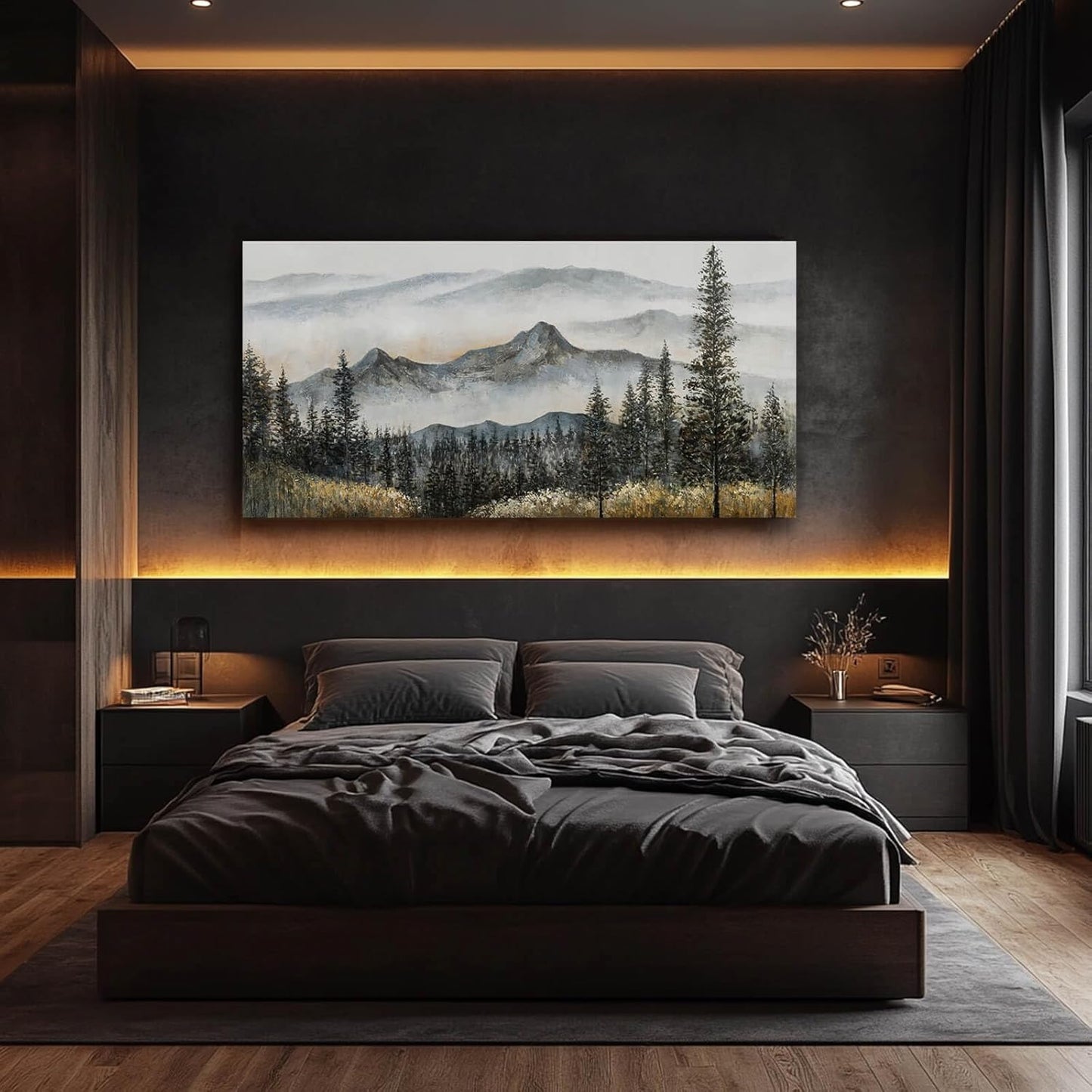 Foggy forest Wall Decor,Framed Canvas Wall Art, Large Artwork Green Mountain Pictures Boho Pine Tree Wall Painting Mountains Landscape Art for Home Living Room Office 29"x58"