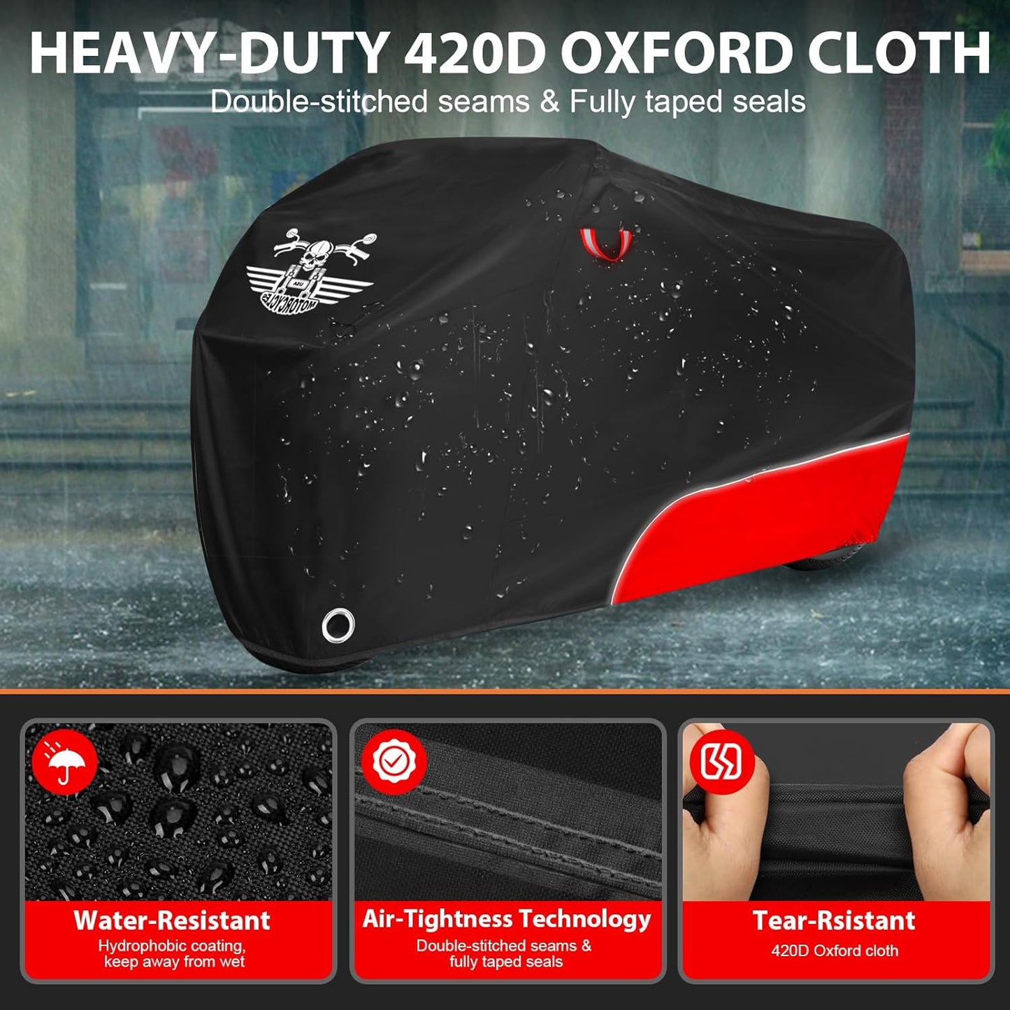 Motorcycle Cover Waterproof Outdoor Storage with Lock-Holes, Storage Bag & Night Reflective Design, Heavy Duty Protection Powersports Vehicle Covers Fits up to 96.5"-116" (420D Red, 116")