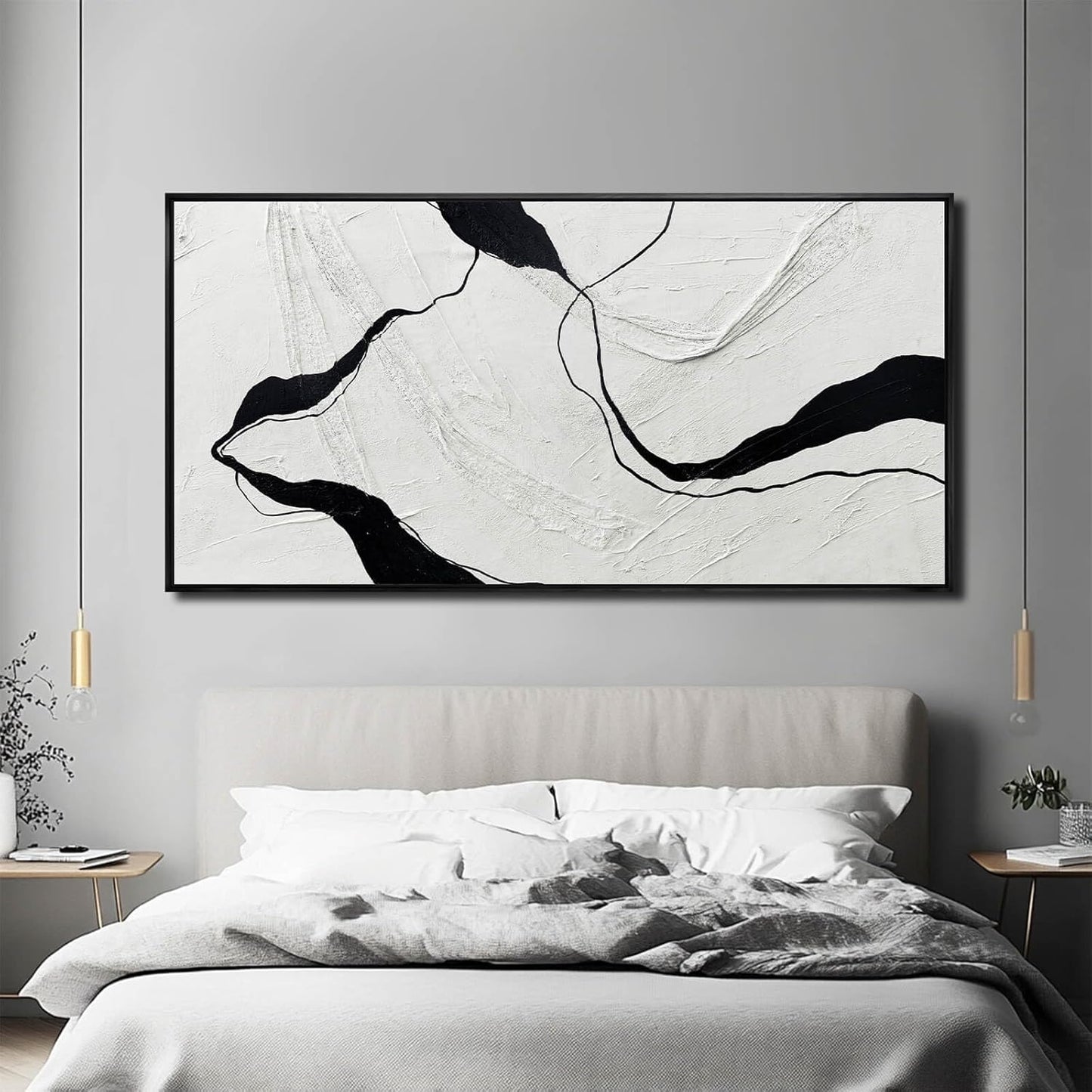 Large Framed Abstract Wall Art 29"x58" Black and White Contemporary Line Canvas Neutral Wall Decor for Modern Living Room Office Bedroom