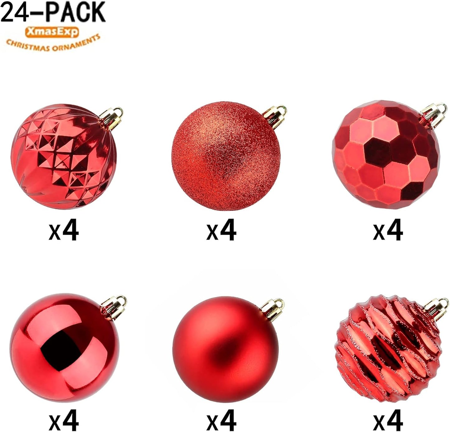 XmasExp 60mm/2.36" Christmas Ball Ornaments Shatterproof Christmas Ornaments Set Decorations for Xmas Tree Balls - 24ct (2.36'', Red)