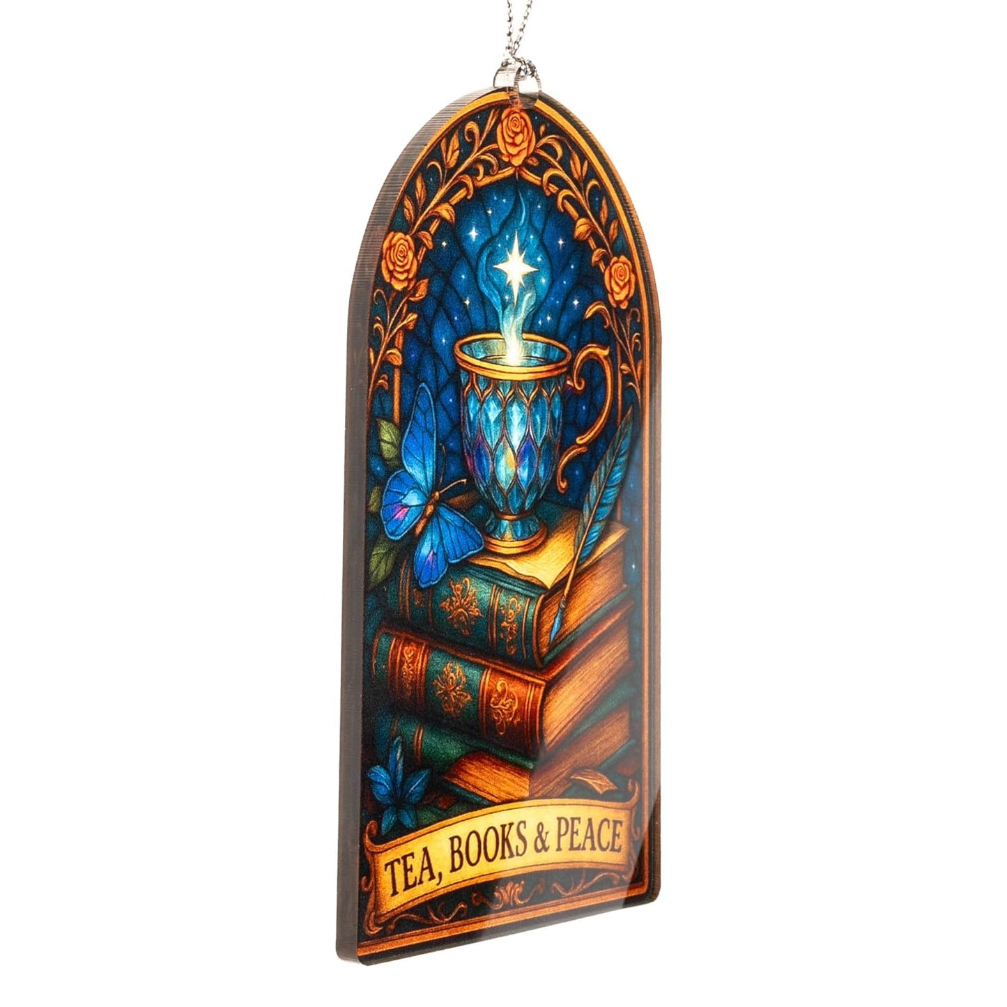 Tea Books Peace Ornament – book lover – tea gifts – reading decor – christmas ornament – Suncatcher effect stained glass window hanging – Car Hanging