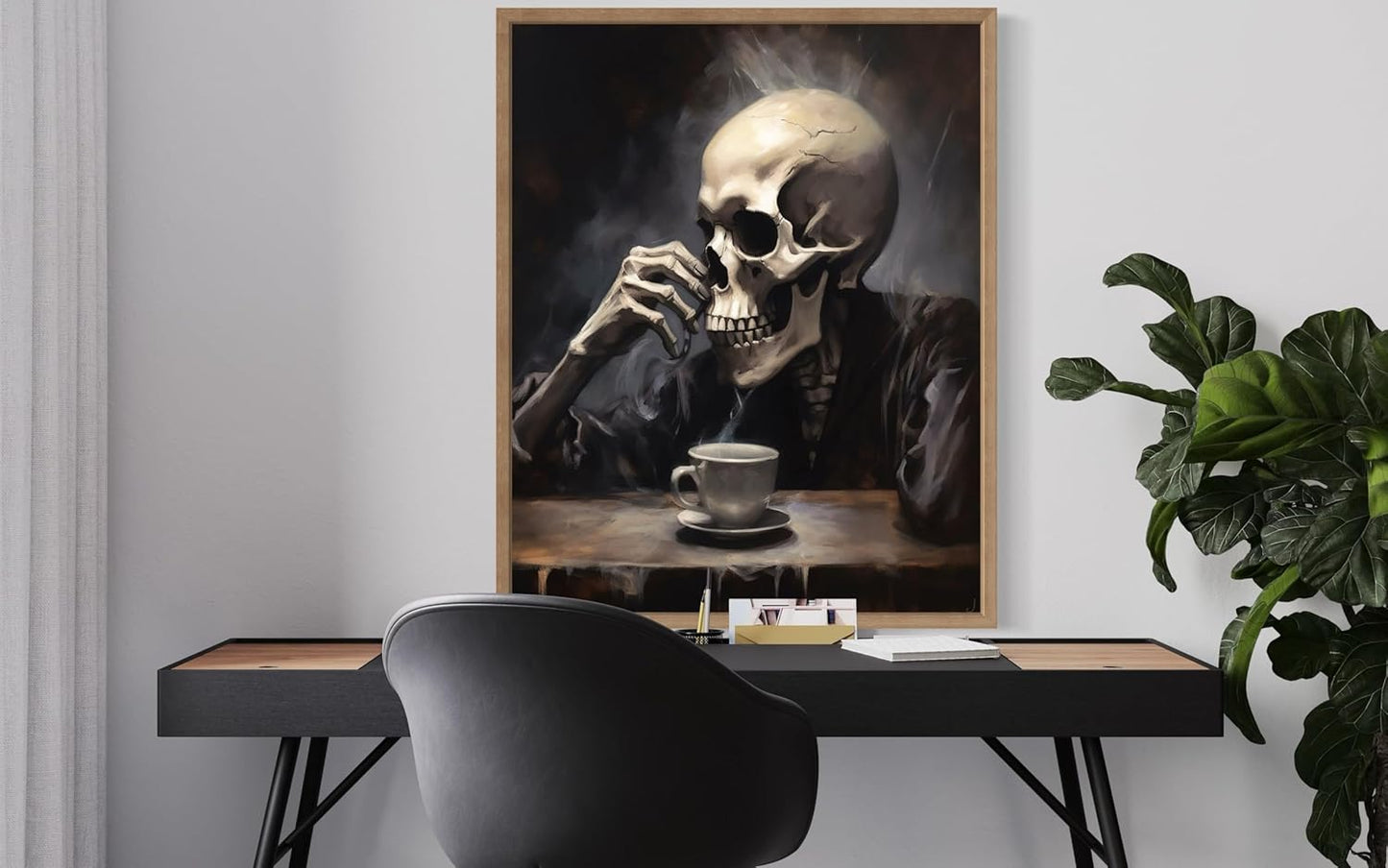 Skull Drinking Coffee Poster Art Print, Halloween Scary Vintage Wall Art Academia Spooky Painting Decoration for Horror Prints, Gothic Posters Bedroom Decor 89 (Skull Drinking Coffee, 16 x 20 inches, Wood Frame)