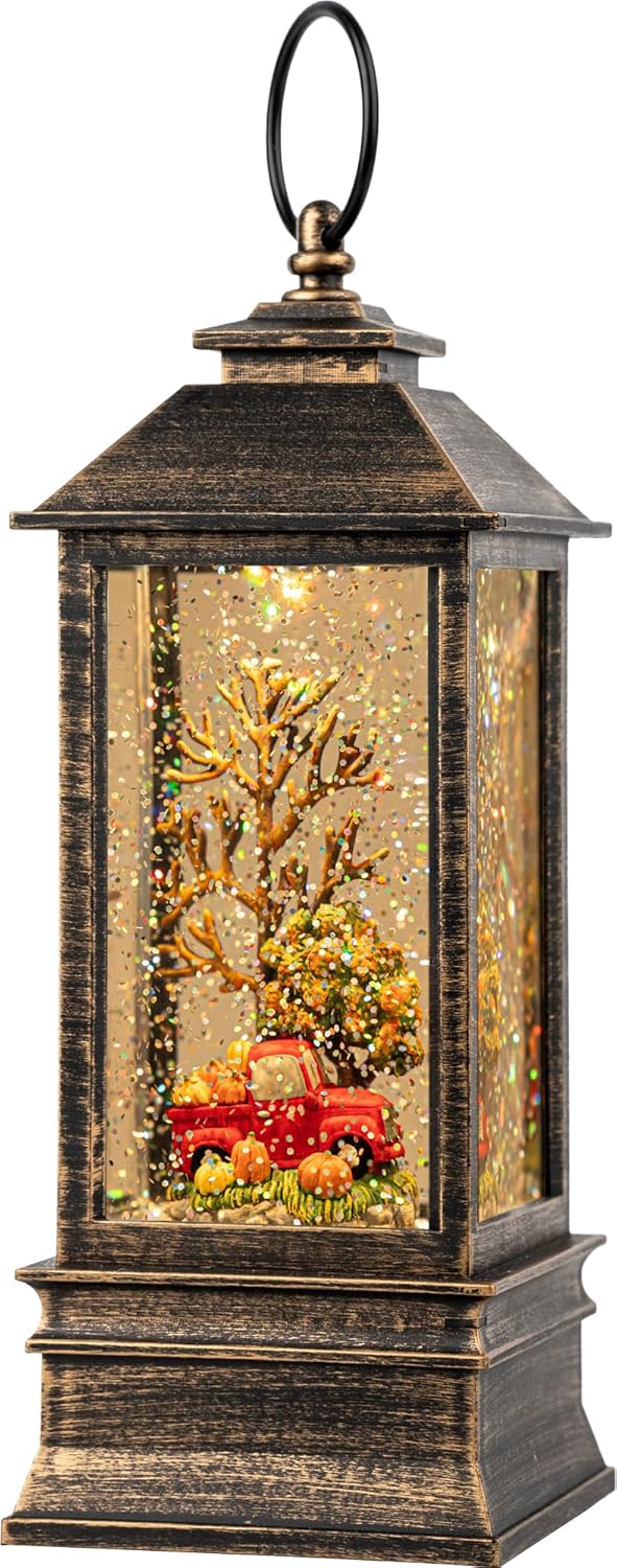 Fall Snow Globe Lantern Thanksgiving Glittering Lighted Lantern, Fall Harvest Day Decorations Gifts, Home Fall Halloween Decor (Pumpkins &Truck)