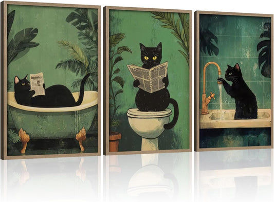3Pcs Wooden Frame Cute Black Cat Bathroom Wall Art Modern Style Canvas Prints Funny Posters Pictures Decorative Paintings Artworks Suitable for Living Room Bedroom Bathroom Gallery Style Design 12x16In