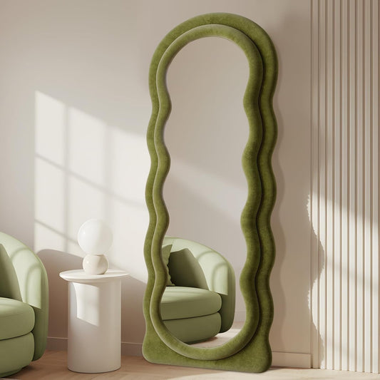 Full Length Mirror 63"x24" Arched Wavy Full Body Wall Mounted Floor Mirror with Stand Green Flannel Frame Leaning Hanging Wall Mirror for Bedroom Entrance Hallway