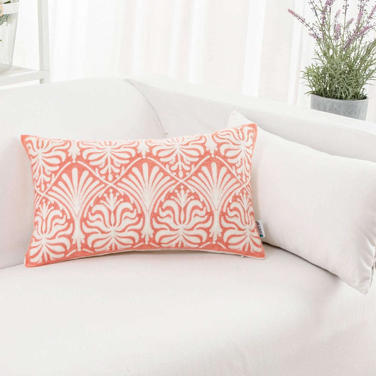 HWY 50 Pink Decorative Lumbar Pillow Cover Rectangle 12x20 Inch (1 Piece), Embroidered Cotton Farmhouse Cushion Cover Pillow Case for Sofa Couch Living Room Bed, Minimalist Floral