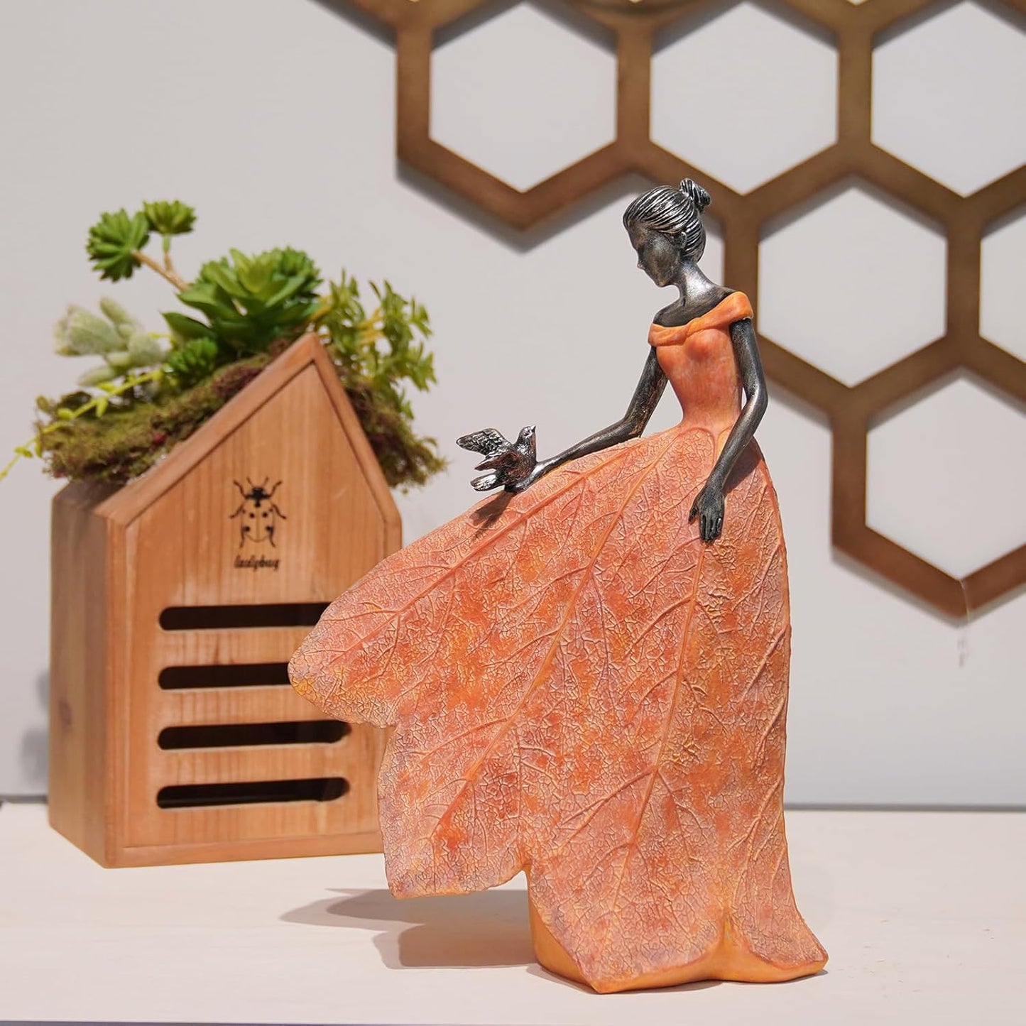 Guichifun Fairy Statue Collection Home Decoration - Orange Leaf Angel Girls Resin Fall Decor for Outside or Inside Rustic Garden Outdoor Yard Decorations Figurines Gift 8.5 x 5.25 x 12 Inch