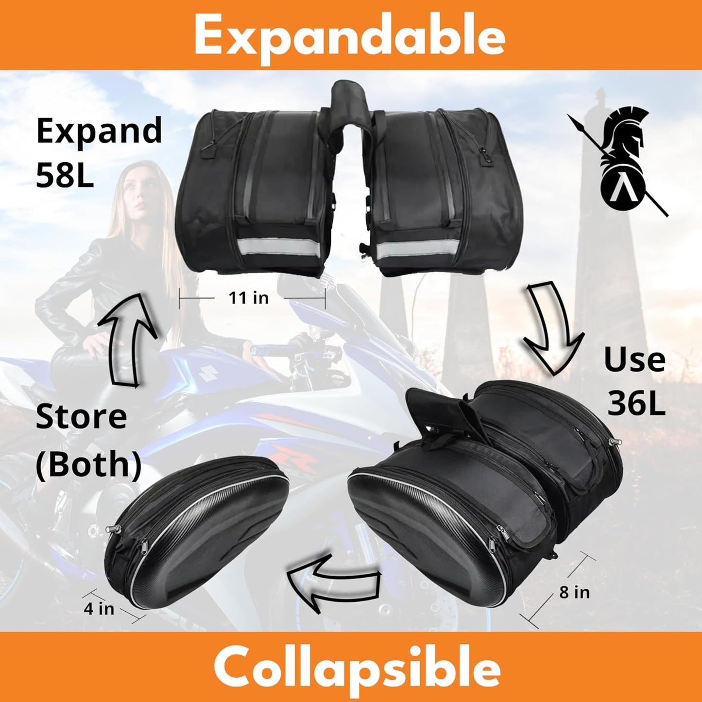Motorcycle Saddlebags, 36L-58L Expandable Capacity, Motorcycle Panniers Universal, Waterproof, Detachable, Collapsible for Sport Dirt Bike Side Bags and Luggage