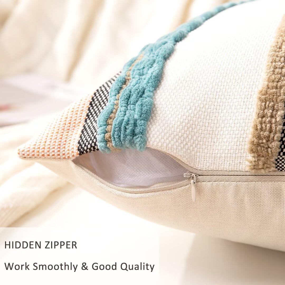 Boho Throw Pillow Covers 18x18 Set of 2 Farmhouse Decorative Cushion Case Striped Square Pillows Cover Chenille Pillow Cases Accent Neutral Pillowcase for Sofa Couch Bed,Blue