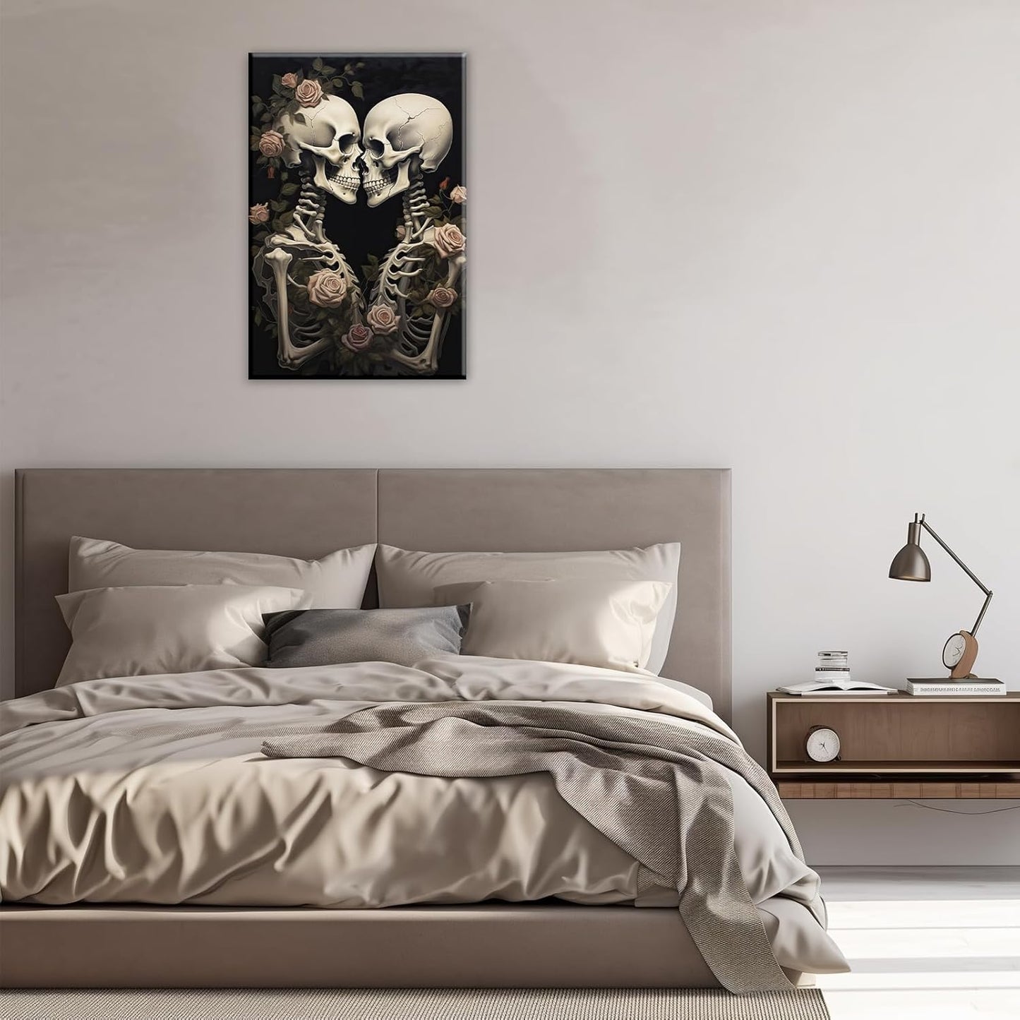 OAAPITI Vintage Skeleton Canvas Wall Art Gothic Painting Artwork Retro Rose Skull Art Poster Abstract Romantic Theme Picture Halloween Living Room Decor(Artwork-4,28"x42")