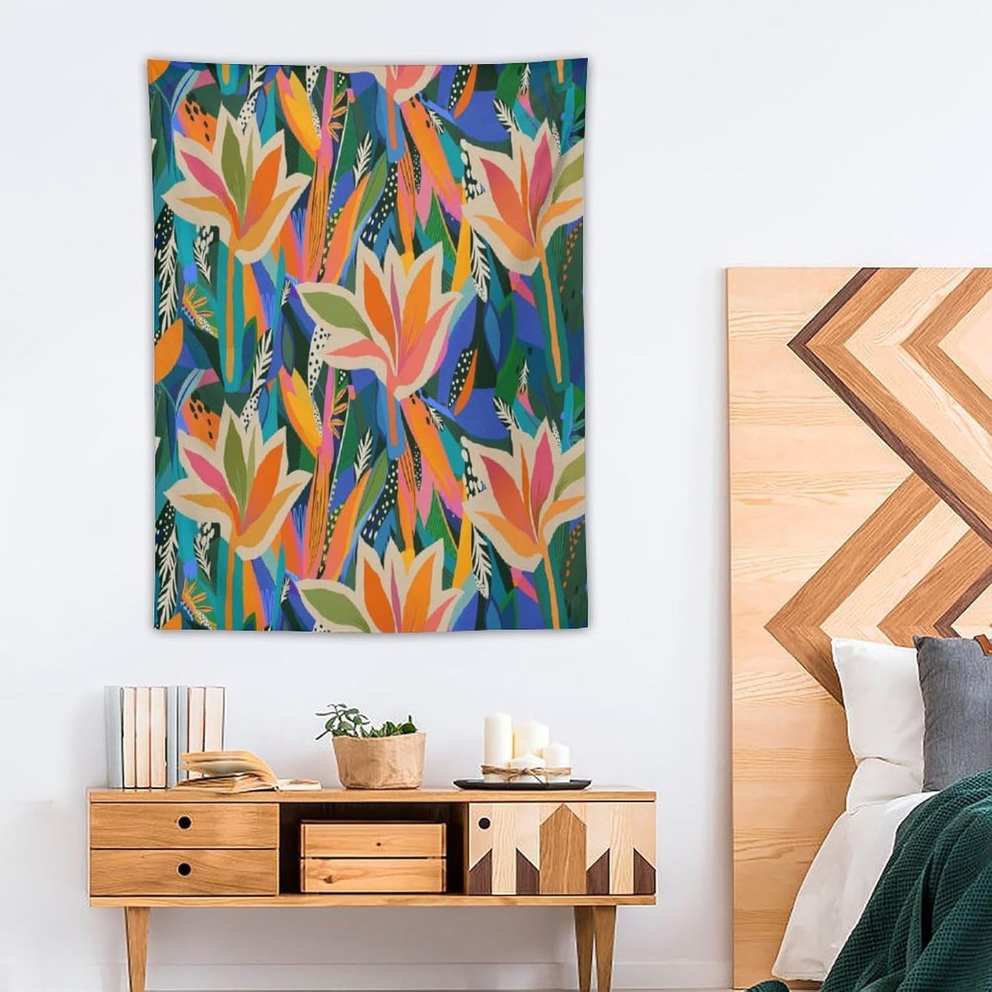 ICMOLYYENLO Boho Green Leaves Tapestry, Mid Century Abstract Tropical Palm Leaves Modern Minimalist Geometric Wall Hanging, Neutral Home Decor Art for Living Room Bedroom Dorm 60x80 Inch