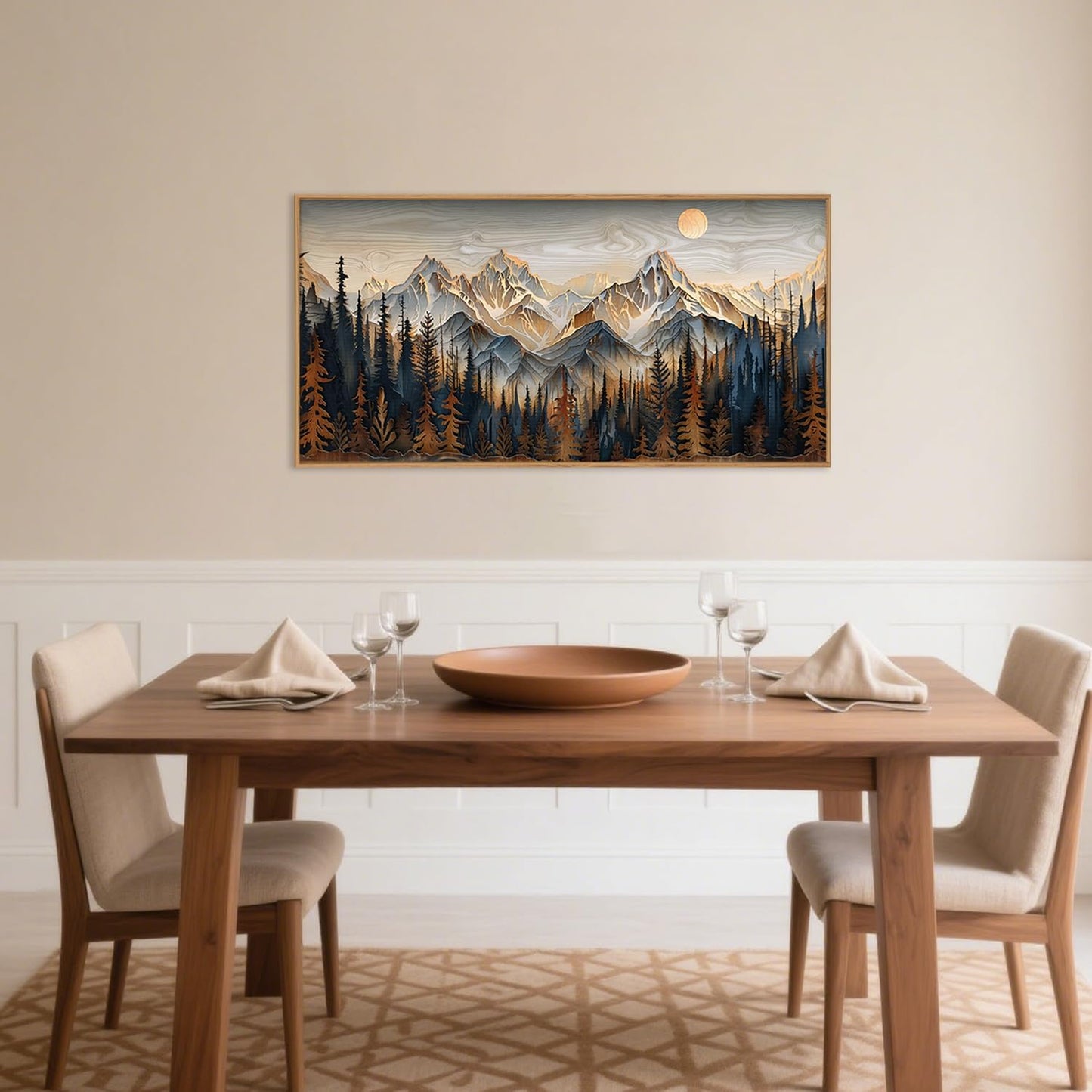 Celestdeco Wood Mountain Framed Canvas Wall Art Set, Pine Trees Wall Painting, Ridge Scenery Wall Decor, Natural Sun Landscape Art Print for Living Room, Bedroom, Dining Room, Office - 20"x40"x1