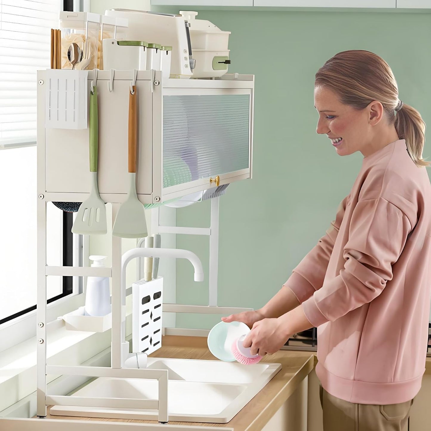 Dish Drying Rack, 3-Tier Over Sink Dish Drying Rack, 33.5" Sink Dish Rack for Small Kitchen, Space-Saving Sink Dish Rack with Cover, Baskets, Utensil, Large Kitchen Storage Organizer White