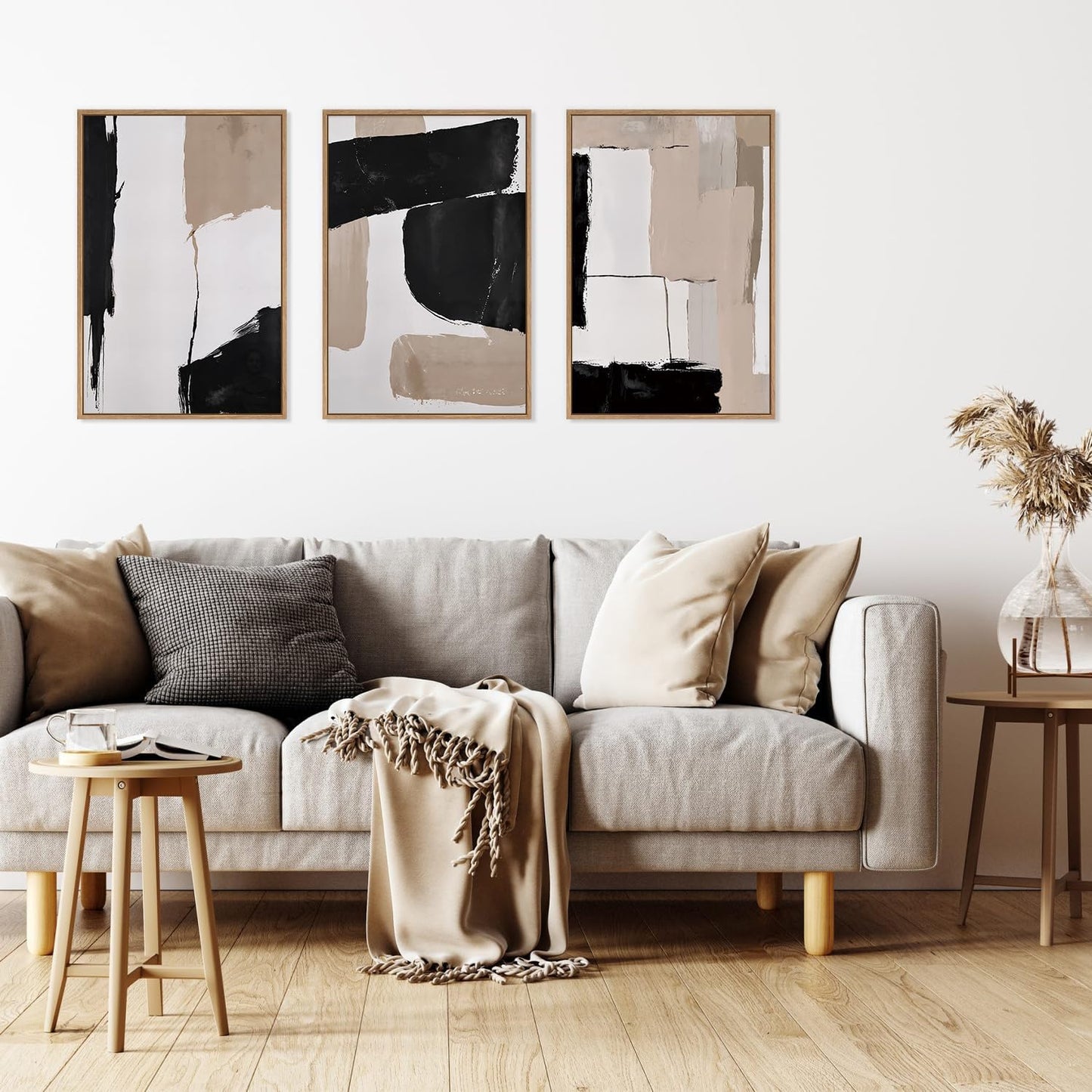 HLNIUC Large Framed Neutral Abstract Canvas Wall Art,Black and White Abstract Wall Decor Set of 3(16”X24”)Modern Minimalist Color Block Art Print,Beige Mid Century Wall Painting for Living Room,Office