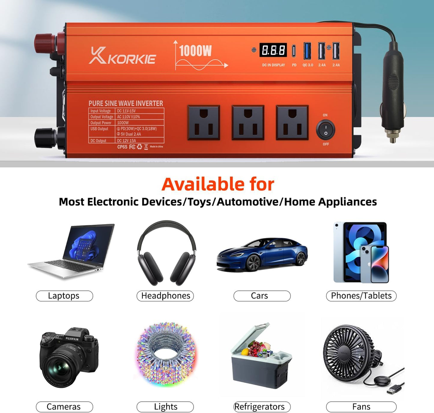 1000W Pure Sine Wave Inverter, Car Power Inverter, 12V DC to 110V AC Power Converter, Emergency Power Inverter with Type-C, Dual 5.2V/2.4A USB, 3AC Outlets for Home,Camping, RV, Truck, Vehicles