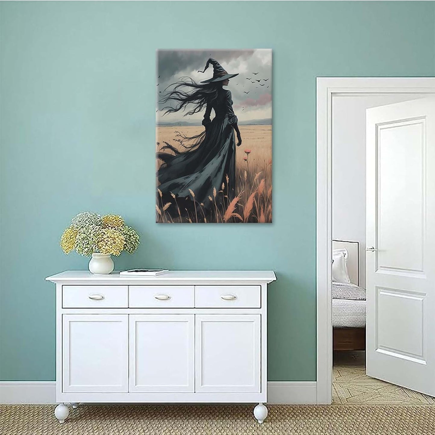 JFHCQJPK Gothic Decor Canvas Wall Art Witch in Rice Field Halloween Art Decor Print Nature Print Victorian Home Bedroom8x12in Frameless