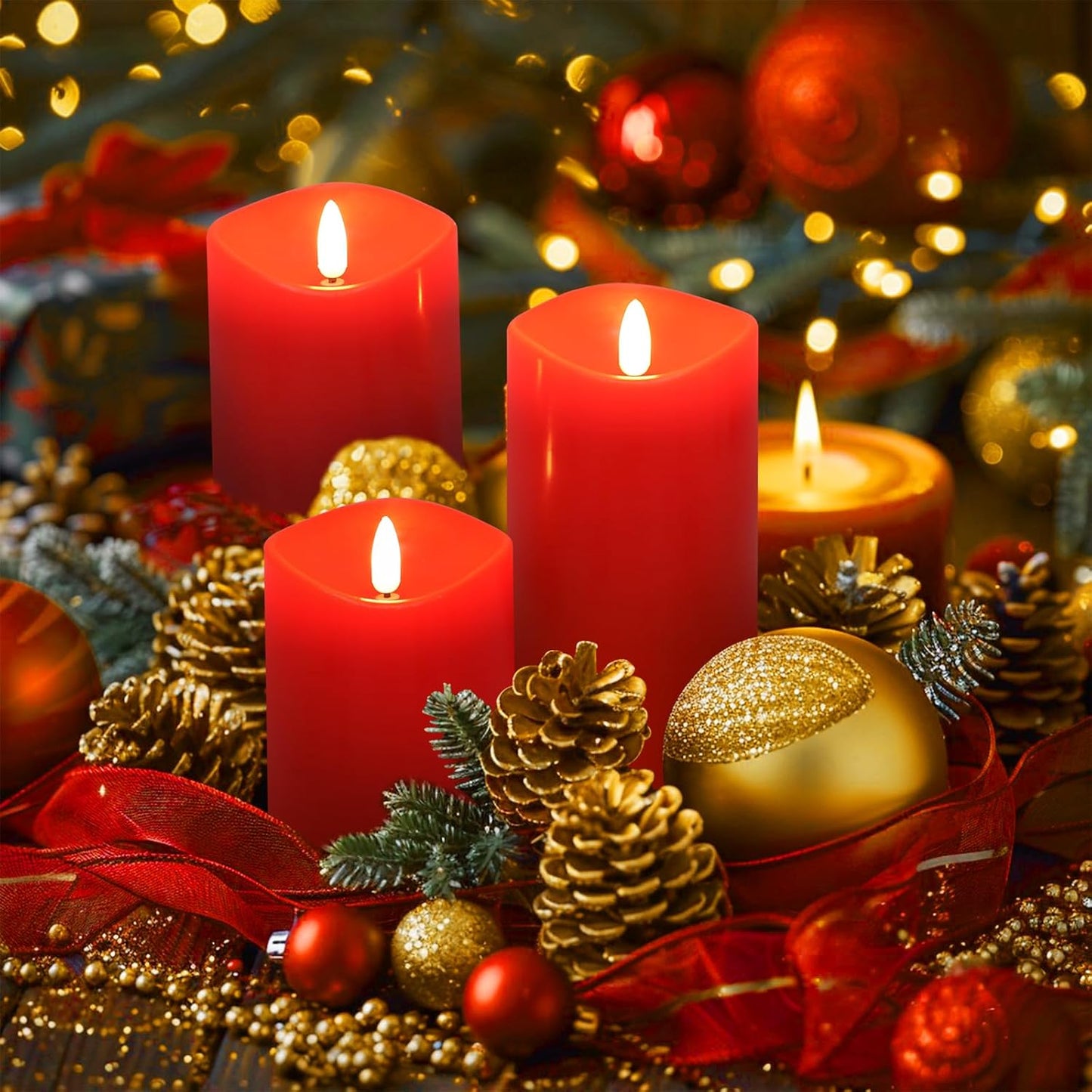 Red Flameless Candles with Remote, Flickering Battery Operated Candles with Timer, Real Wax LED Pillar Fake Candles for Christmas Party Home Decor, Set of 3