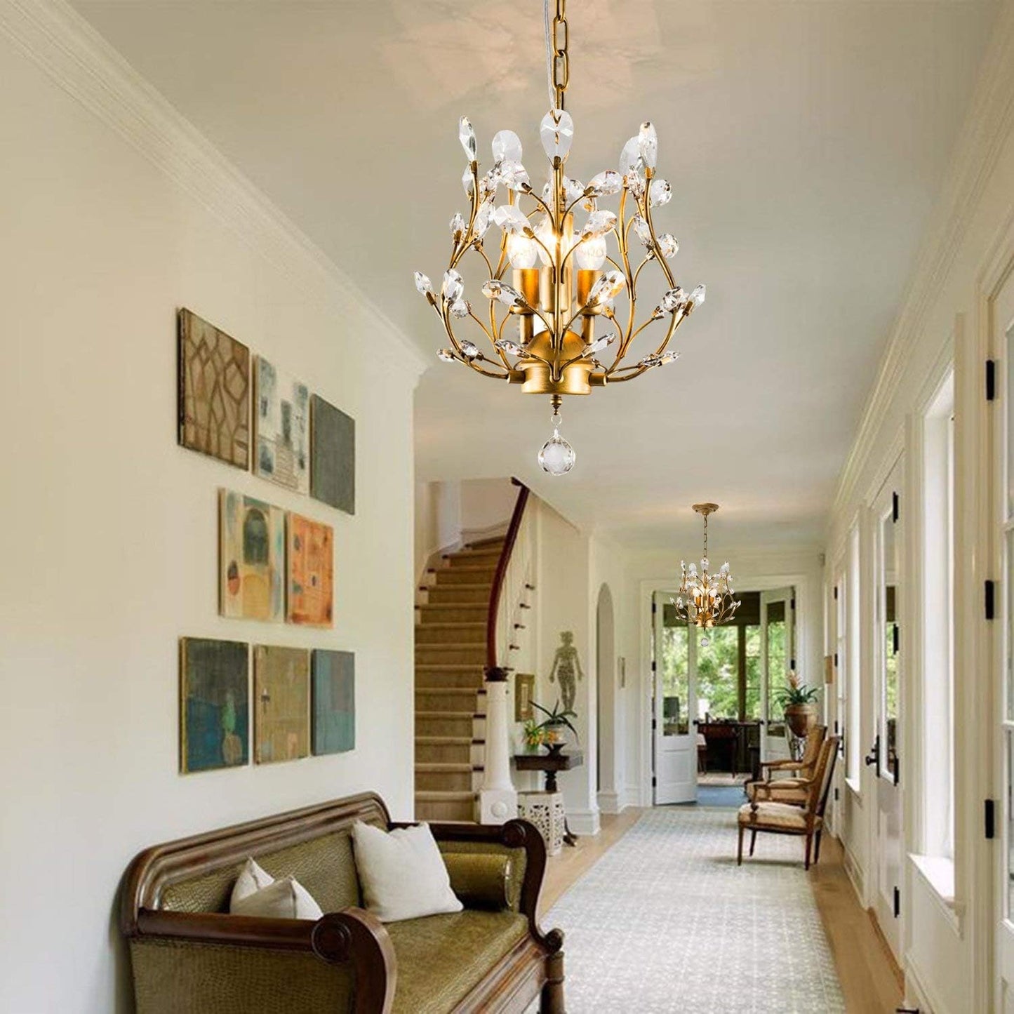 Ganeed Crystal Chandeliers,K9 Crystal Pendant Light with 3-Light Chandelier Lighting Fixtures,Ceiling Light for Living Room Bedroom Restaurant Hallway (Gold)