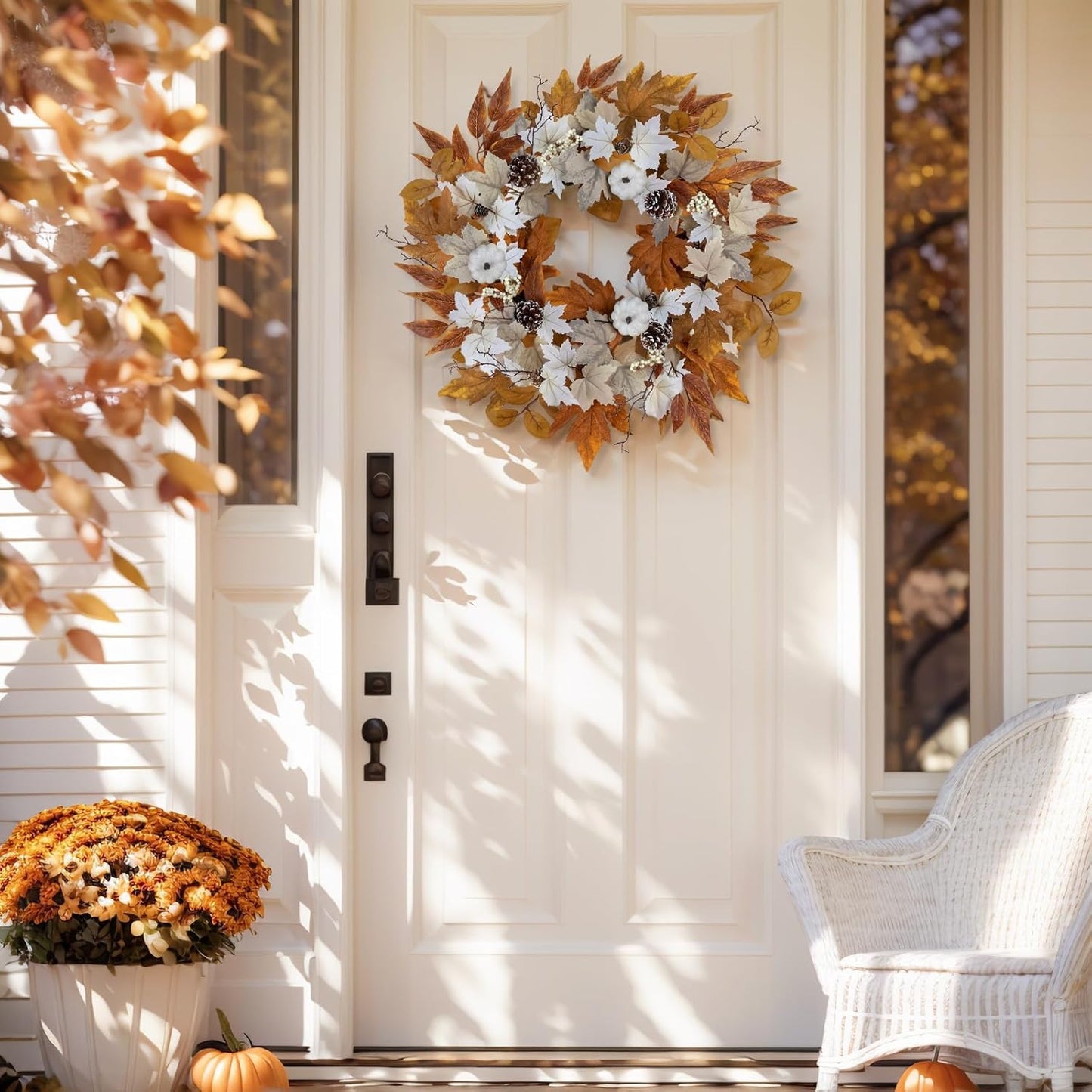 Fall Wreaths for Front Door Outside Autumn Wreath with Lights Berries Pine Cones Fall Decorations for Home Decor Pumpkin Wreath for Farmhouse Holiday Thanksgiving Harvest Halloween Outdoor