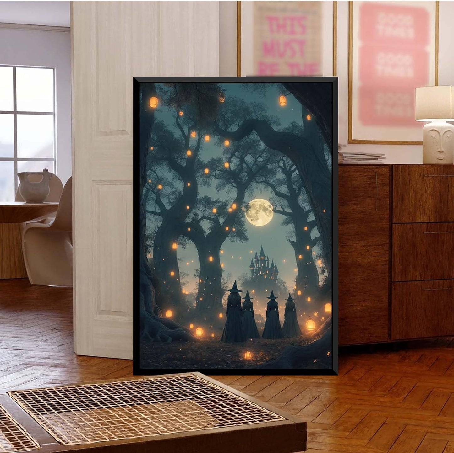 JFHCQJPK Mysterious creek painting witch and castle in magic forest art print canvas gothic print dark college decoration poster for home bedroom24x36in Metal blackFramed