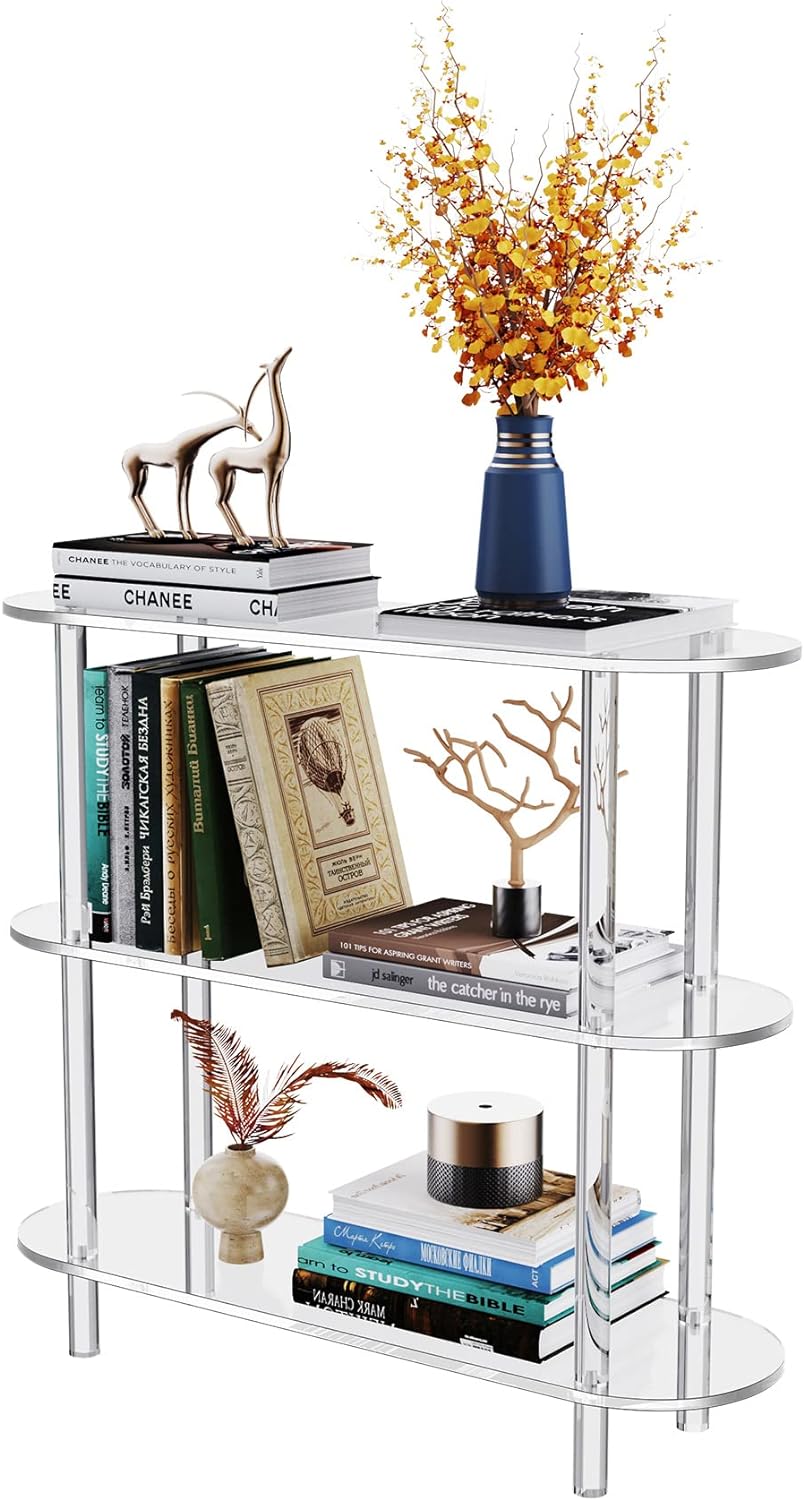 Clear Bookshelf, Acrylic Bookcase with Open Book Shelf Console Table for Entryway Office Living Room Bedroom (3 Tier Clear)