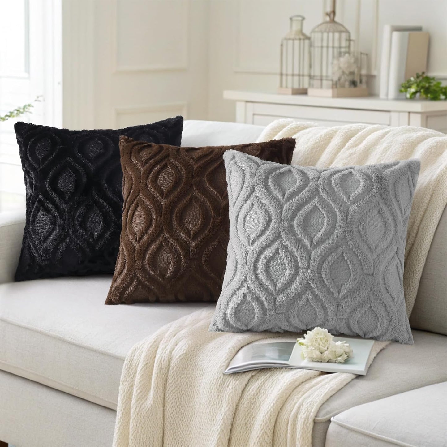 decorUhome Fall Throw Pillow Covers 16x16 Inch Set of 2, Soft Plush Decorative Faux Fur Grey Solid Couch Pillow Covers, Accent Farmhouse Neutral Square Euro Pillow Cases for Sofa Bed Living Room