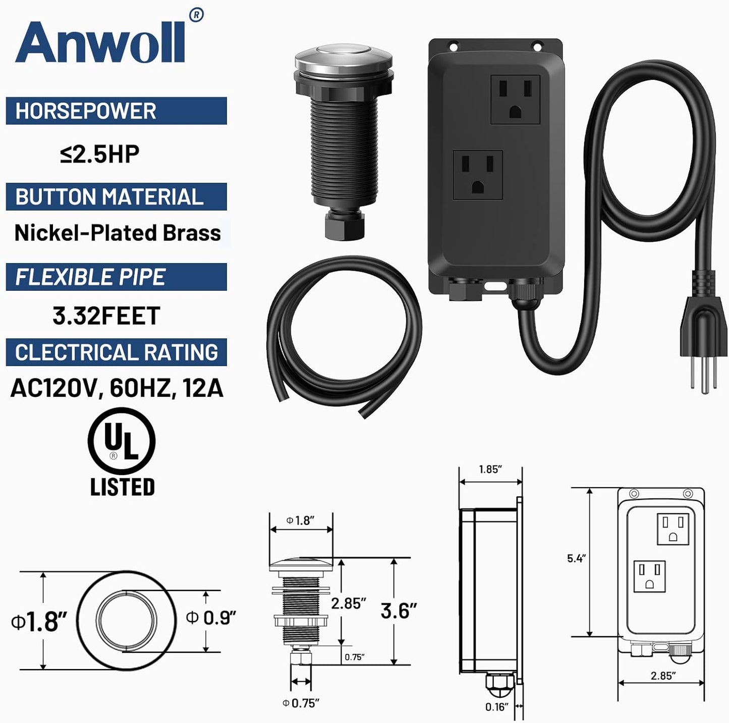 Garbage Disposal Air Switch Kit -Professional- Dual Outlet, Sink Top Waste Disposer On/Off, Garbage Disposal Button, UL Listed