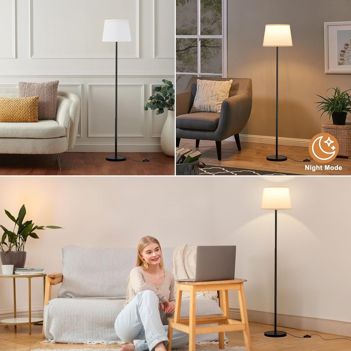 Floor Lamps for Living Room - 3 Color Temperatures Standing Lamp with White Shade, Modern Floor Lamp with LED Bulbs, Black Tall Lamp for Bedroom Office(9W Bulb Included)