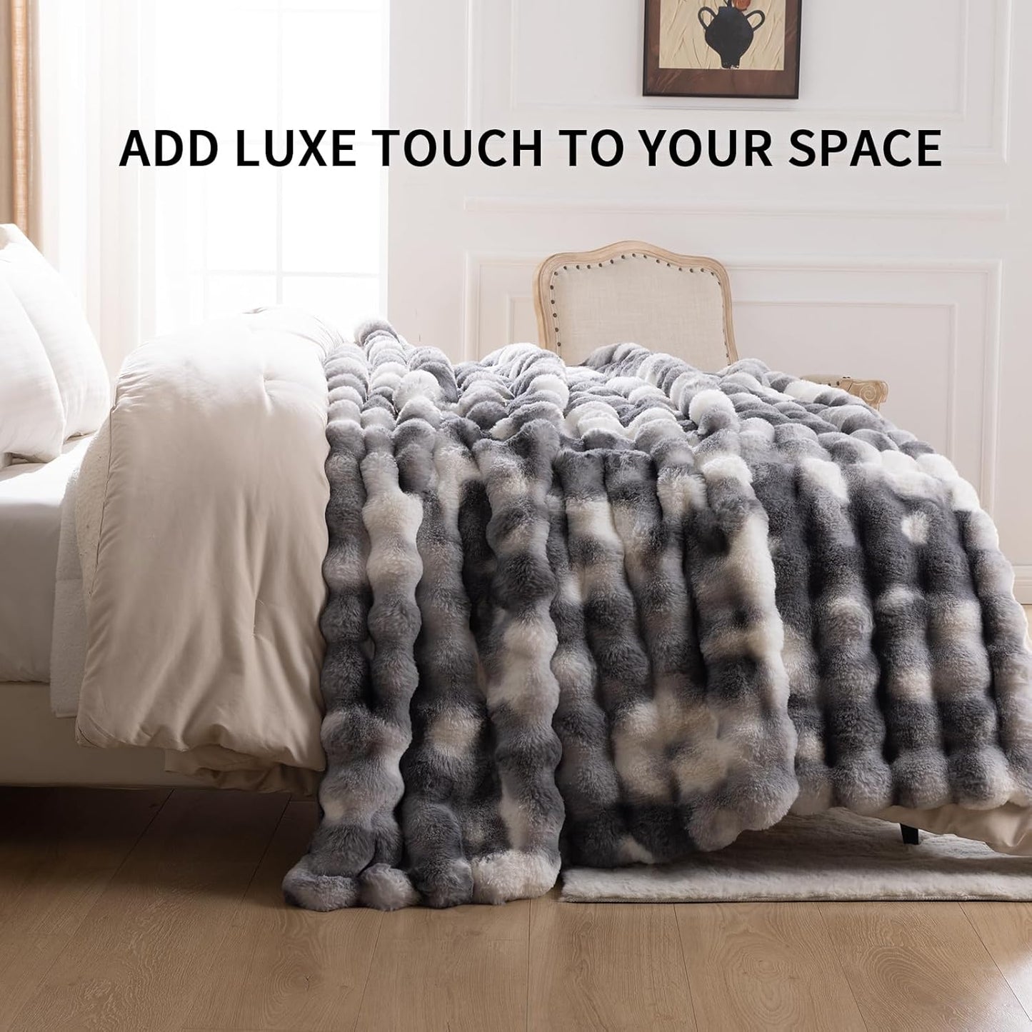 Cozy Faux Fur Throw Blanket for Bed Warm Fuzzy Throw Blanket, Soft Plush Thick Bubble Blankets for Bedroom and Living Room, Furry Luxury Blanket, 90 x 90,Tie-Dye Grey