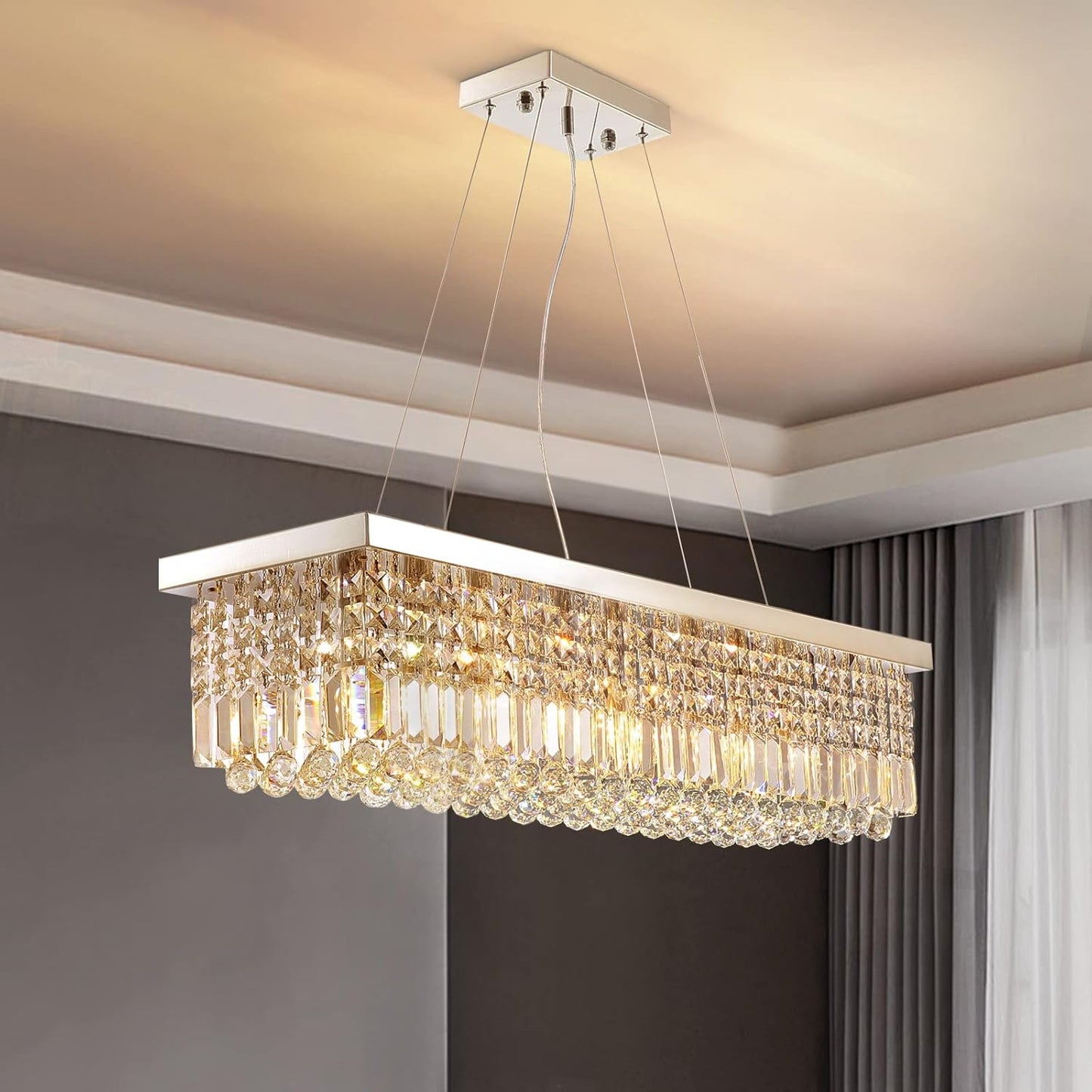 Siljoy Modern Rectangular Crystal Chandeliers 8 Lights Rectangle Raindrop Pendant Ceiling Light Fixture for Kitchen Island Dining Room, Adjustable Height, Polished Chrome Finish, L40 x W10 x H10