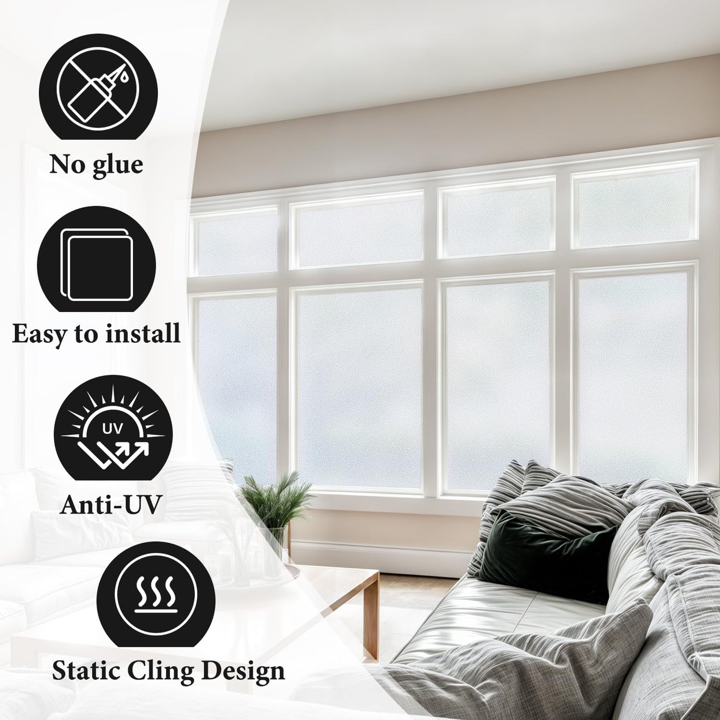 DUOFIRE Privacy Window Film Natural Frosted Glass Film Static Cling Glass Film No Glue Anti-UV Window Sticker Non Adhesive for Privacy Office Meeting Room Bathroom Living Room 45.2in. x 78.7in. S001