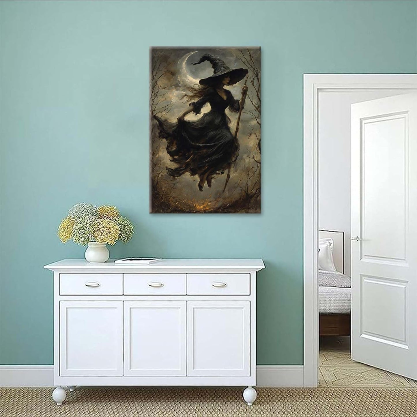 JFHCQJPK Witch in the Forest Halloween Print Wall Art Poster Witch Decor Vintage Print Dark College Wall Art Victorian Gothic Room Decor Canvas Wall Print28x40in Frameless