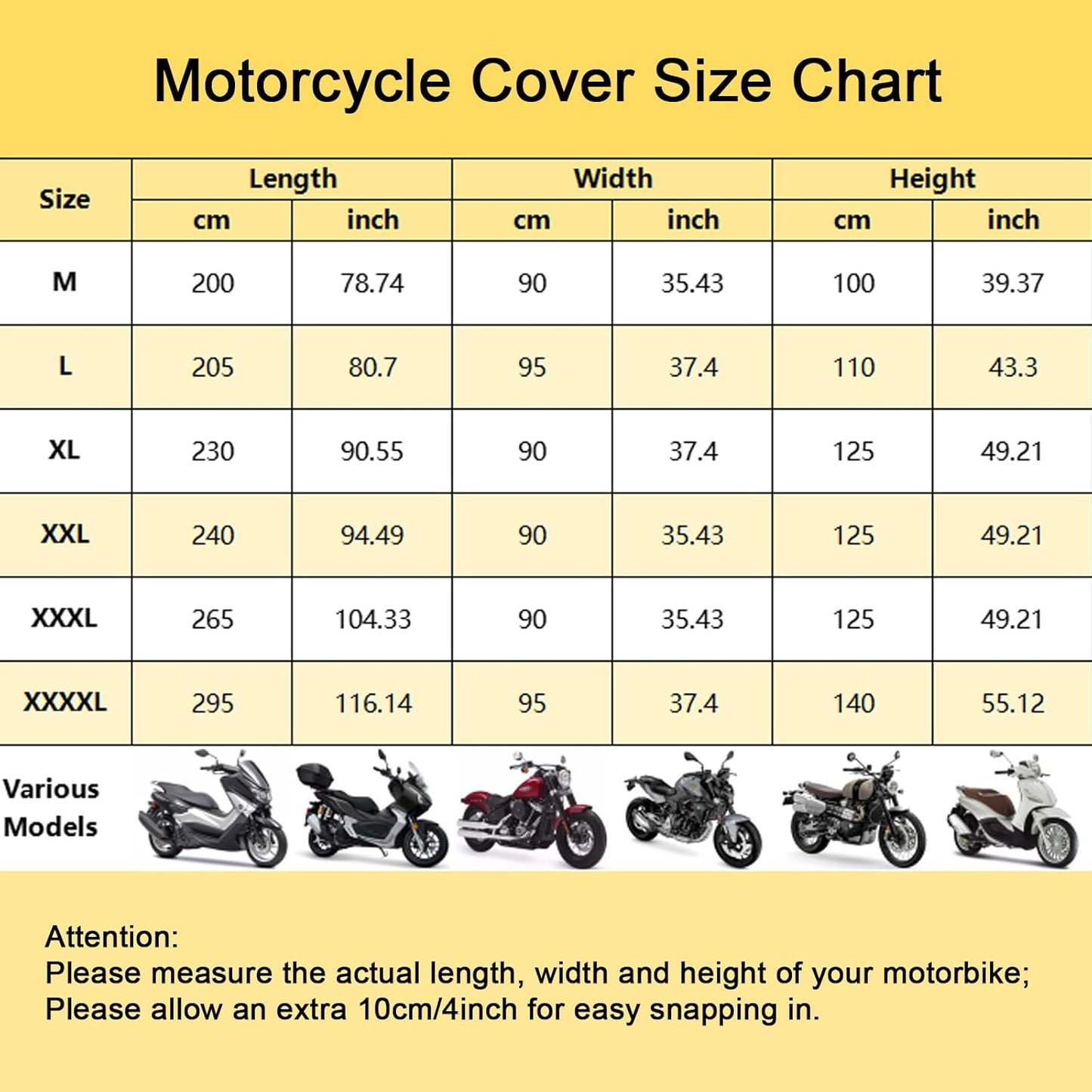 Motorbike Cover Waterproof Outdoor, Motorcycle Scooter Moped Cover Sun Rain Dust Protection with 4 Reflective Strips and 2 Windproof Buckles, 2 Lock-Holes for Cruisers Sportbikes (1XL: 91x37x49 inch)