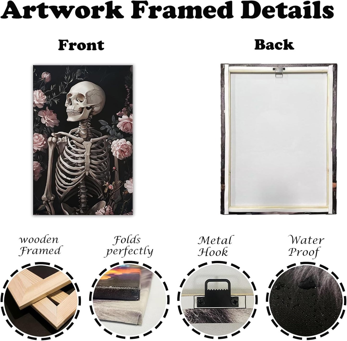 OAAPITI Skull Floral Wall Art Vintage Skeleton Portrait Canvas Print Dark Gothic Skull Art for Living Room Bedroom Home Wall Decor Ready to Hang(Artwork-10,16"x24")