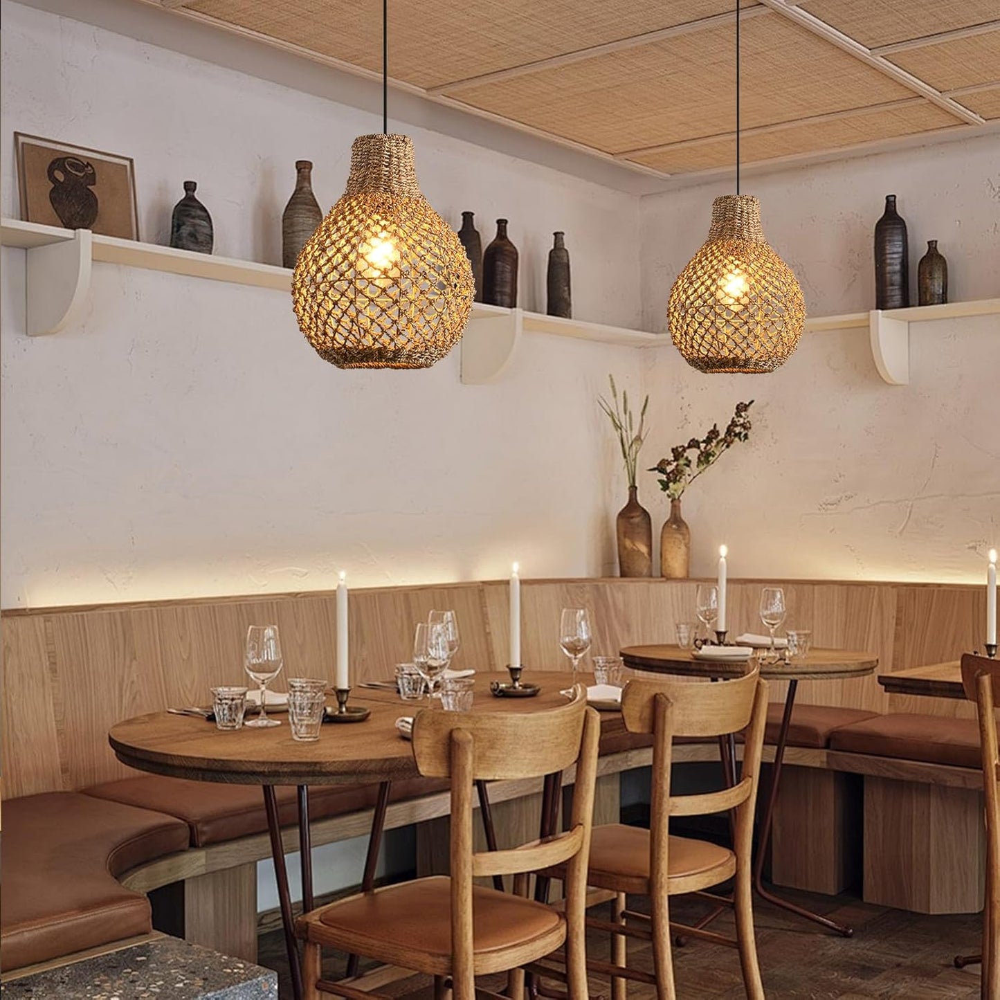 2-Pack Rattan Pendant Light,Boho 11.03" Wicker Hand-Woven Ceiling Hanging Farmhouse Chandelier for Kitchen Island Dining Room Bedroom