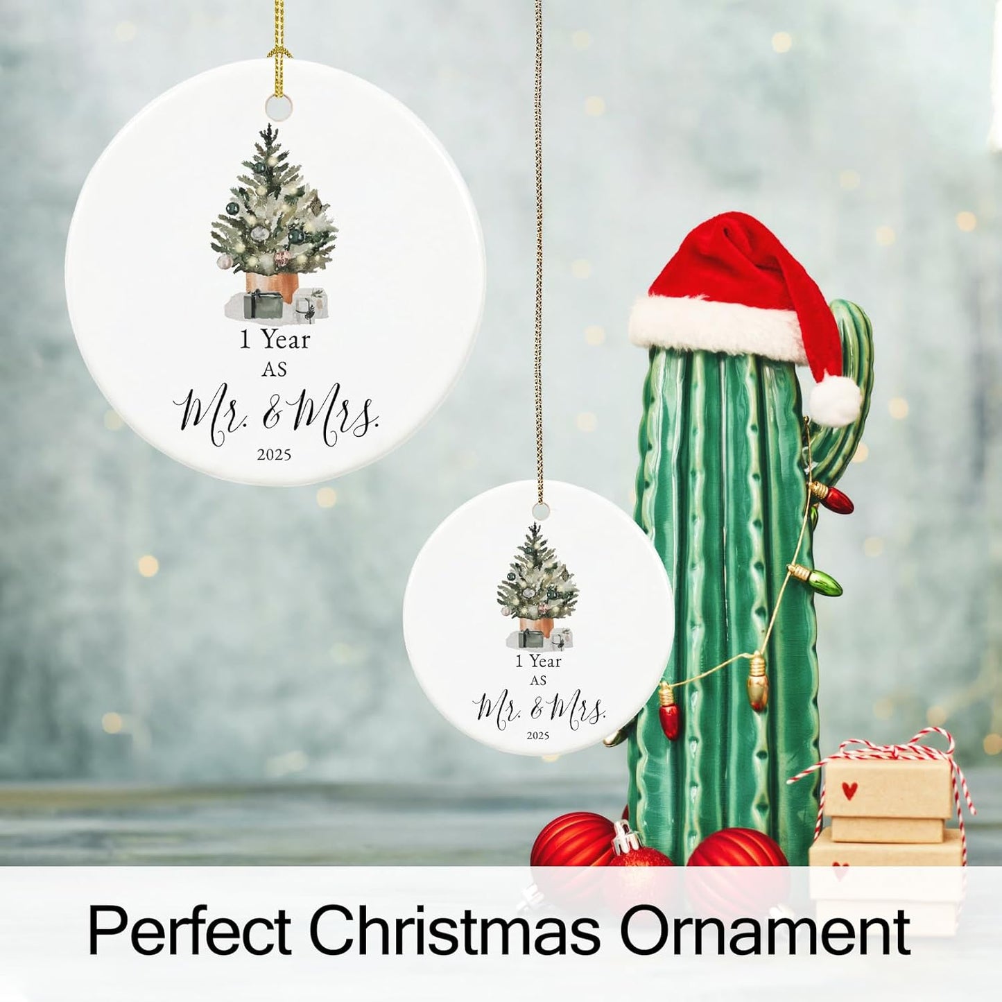 First Anniversary Ornament Gifts for Couple, Wedding Keepsake for 1 Year as Mr and Mrs, Ceramic Christmas Ornament With Ribbon and Box