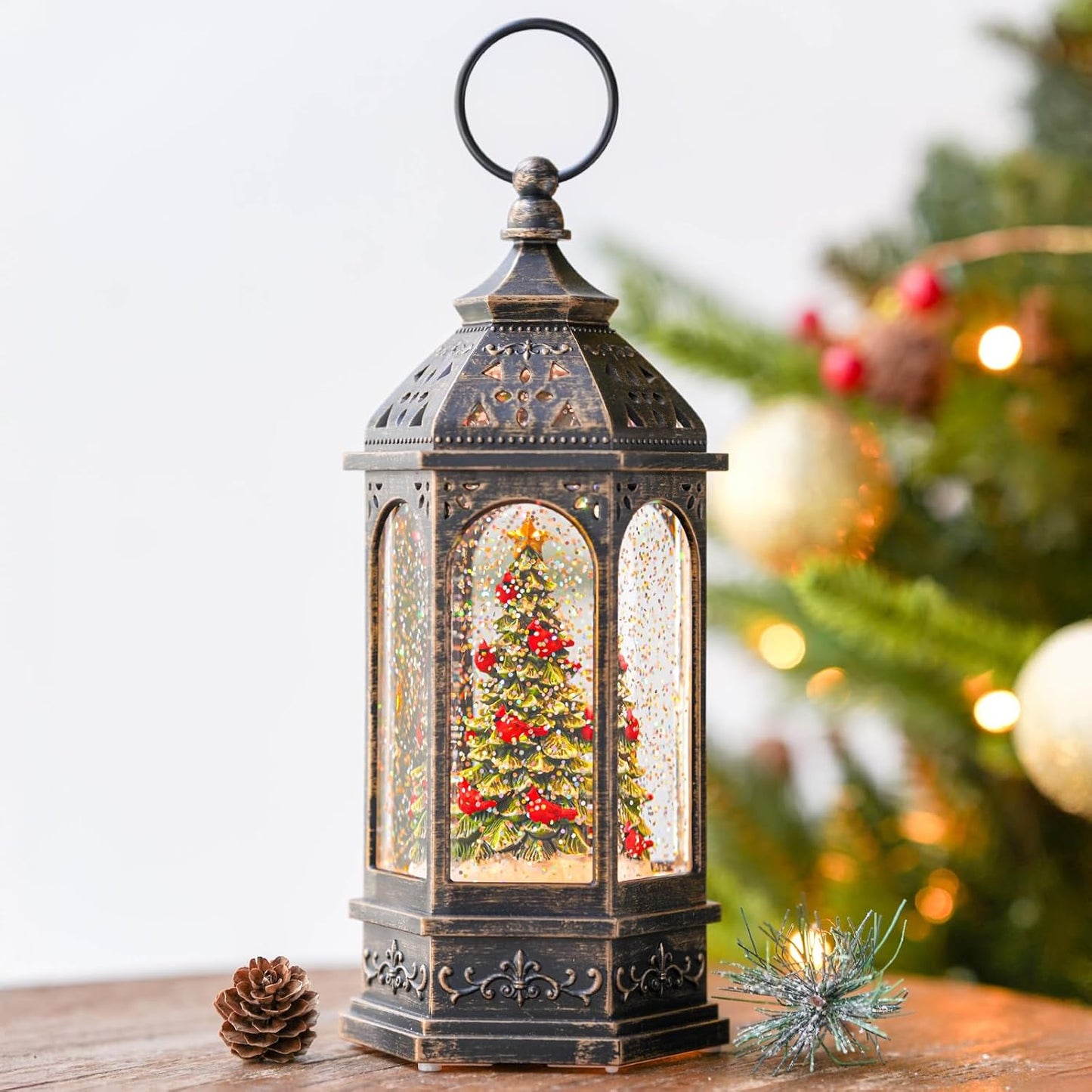 Christmas Snow Globe Lantern Water Glittering Christmas Tree with Cardinal, USB Lined/Battery Operated Lighted Lantern for Christmas Festival Decoration Gifts