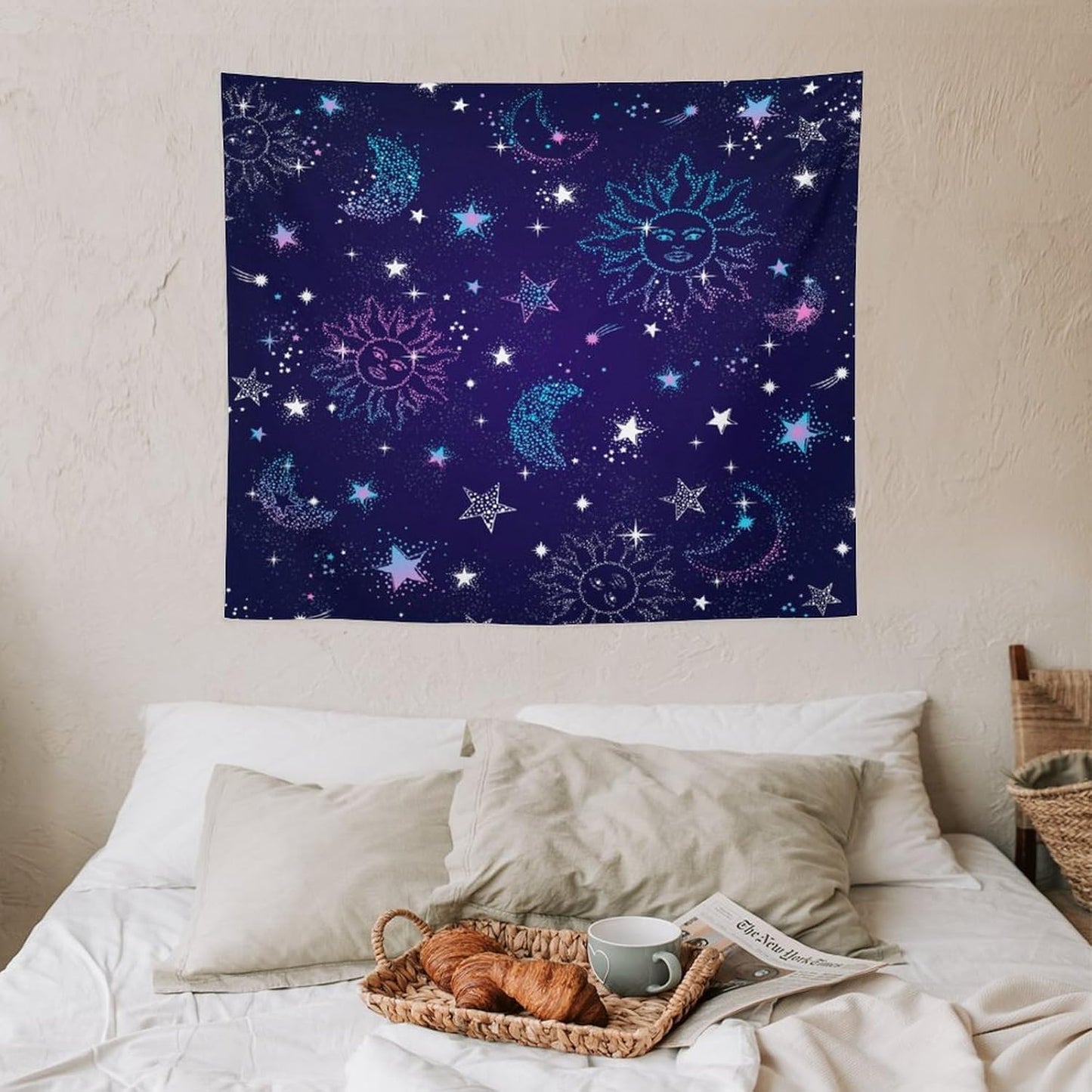 HZOHNAGO Boho Sun Moon Tapestry Purple Blue Sun Stars Galaxy Pattern Printed Wall Tapestry Wall Hanging for Bedroom Living Room Dorm 60" W x 50" H