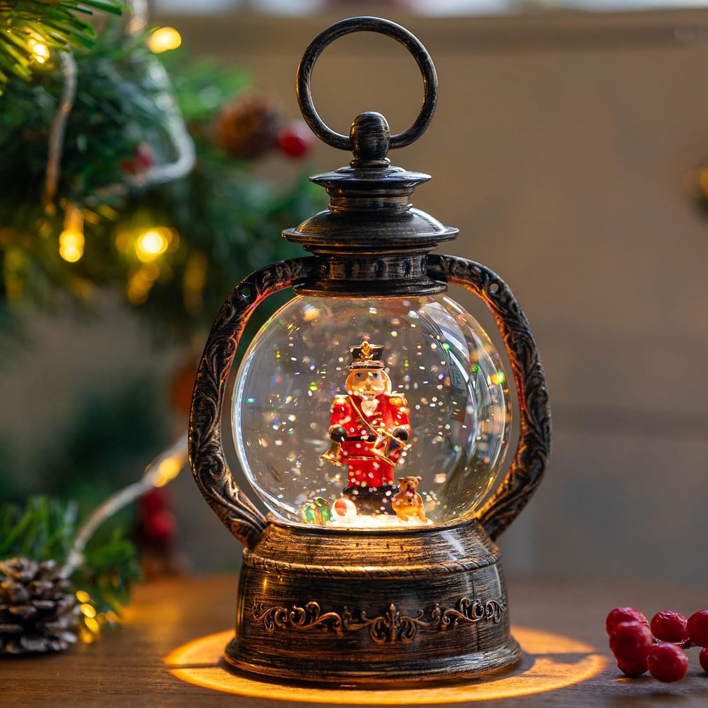 Christmas Snow Globe Lantern Water Glittering Nutcracker with Music & Timer, USB Lined/Battery Operated Lighted Lantern for Christmas Festival Decoration Gifts