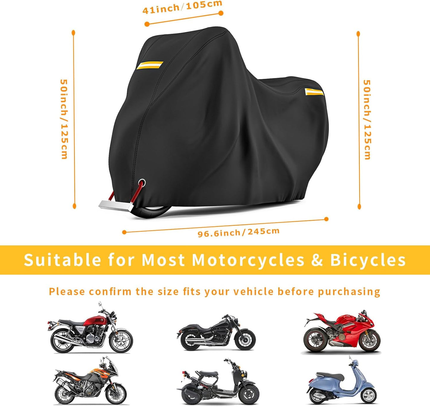 210D Motorcycle Cover All Season Waterproof Breathable Sun Outdoor Protection Three Reflective Tape with Lock-Holes & Storage Bag Bike Scooter Cover Universal (Black, 96.6''*41''*50'')